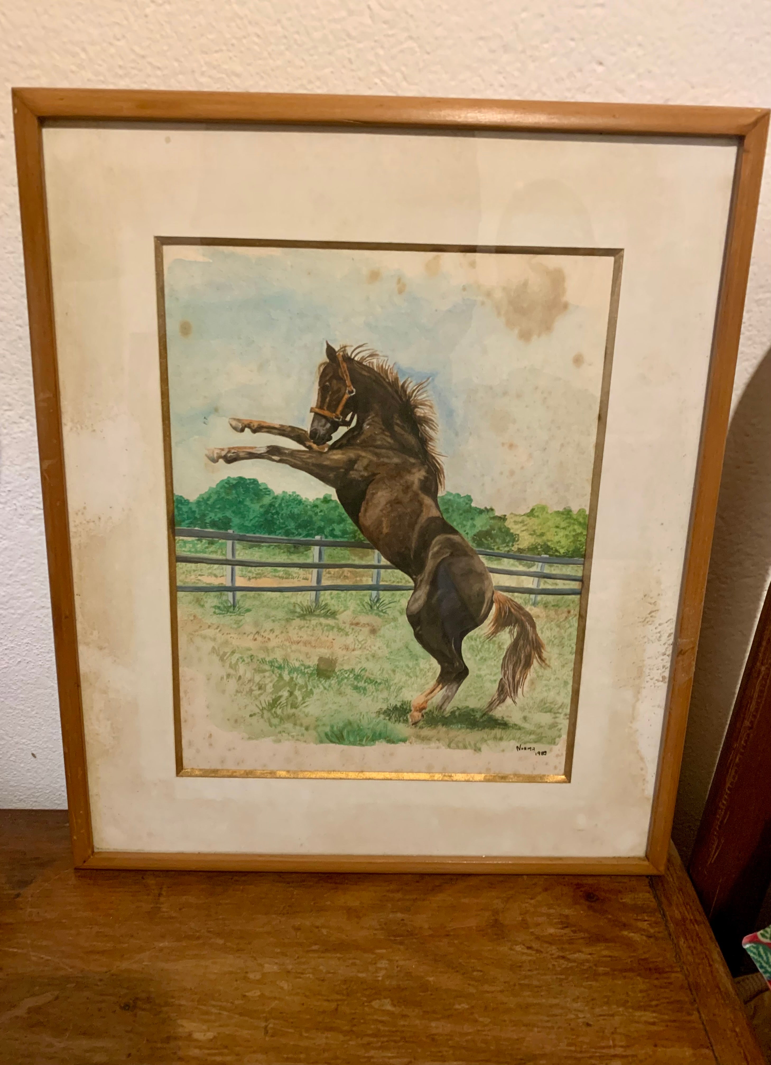 Quadro com antiga aquarela representando um belo cavalo marrom 