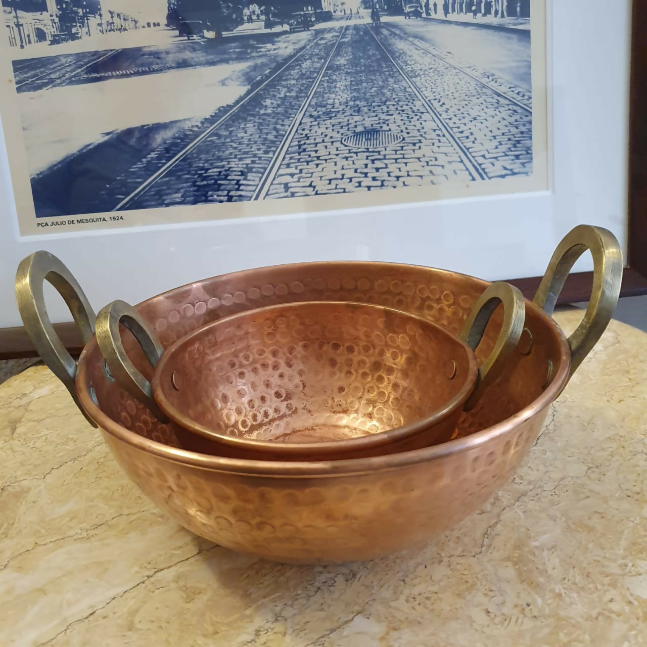 Par de tachos em cobre pesado martelado com alças. Muito lindos!