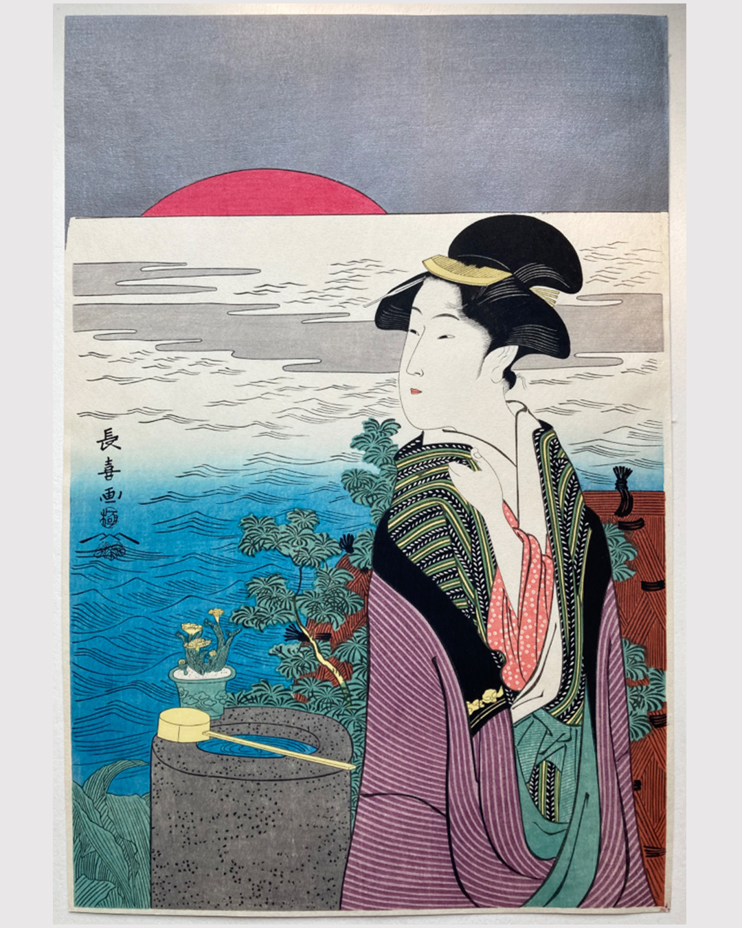 Xilogravura japonesa (Ukiyo-e) de Eishosai Choki "Primeiro nascer do sol do Ano Novo" (Hatsuhinode) - Autêntica