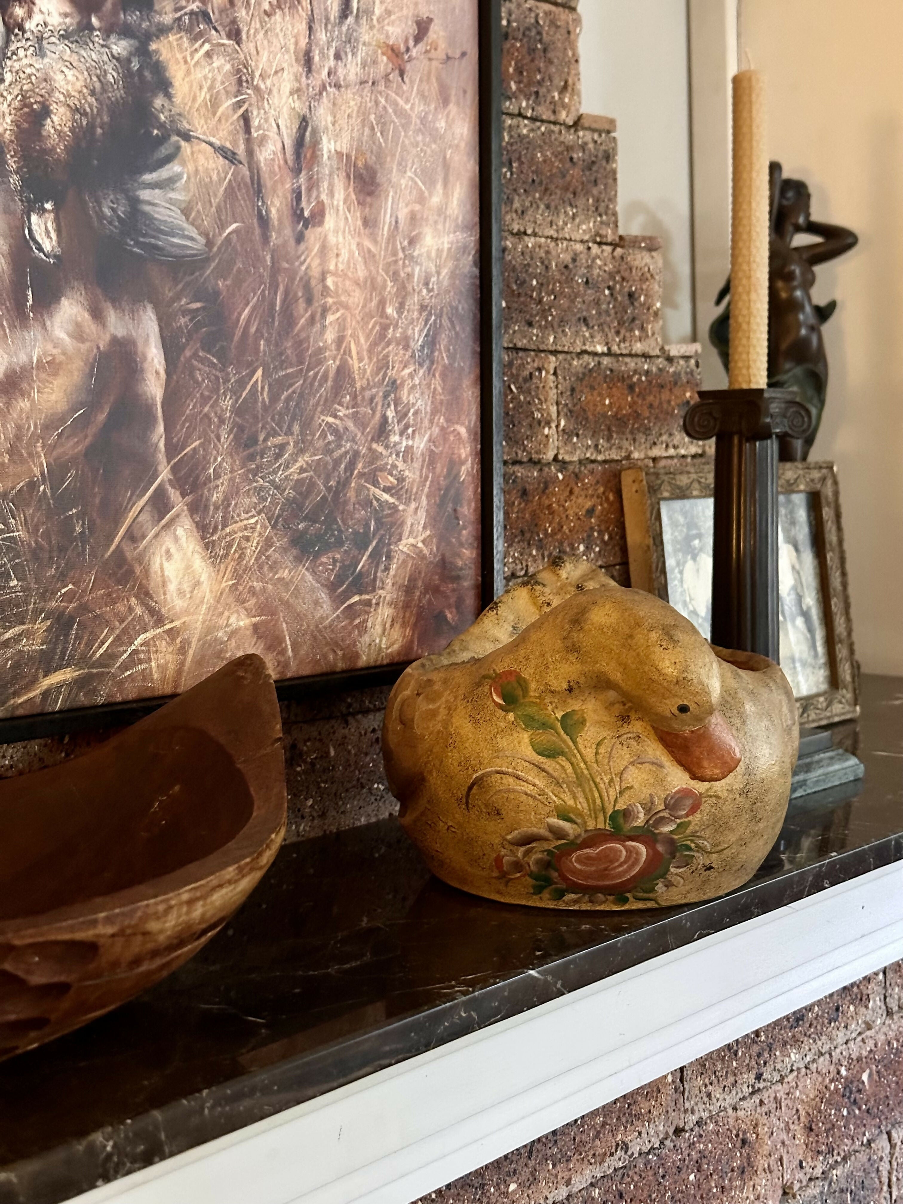 Pato - Maravilhosa e perfeita pata floreira vintage grande em barro com linda pintura alemã Bauernmalerei