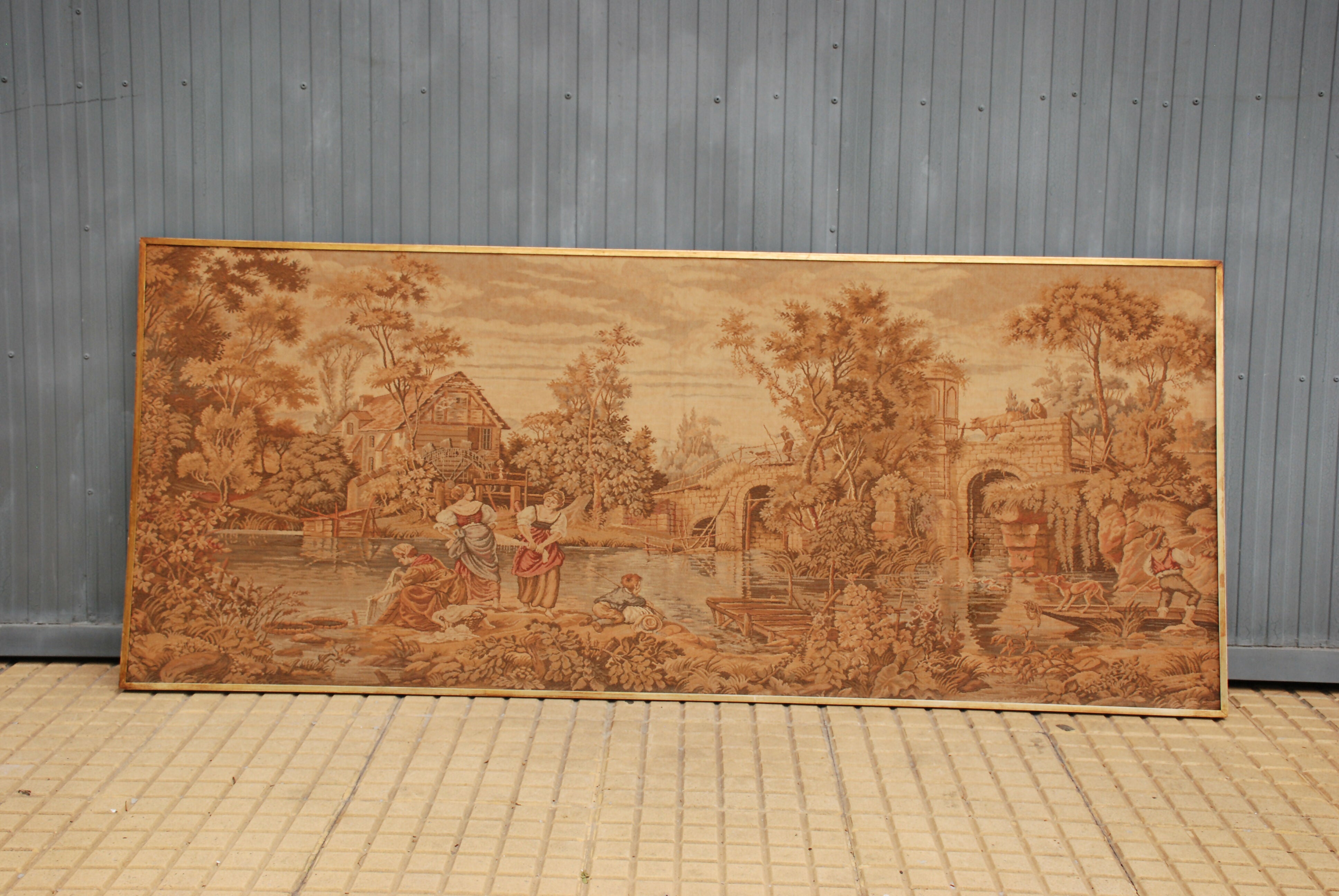 quadro italiano em tecido gobelen anos 60 - 70 - 1,60 X 0,67 com selo