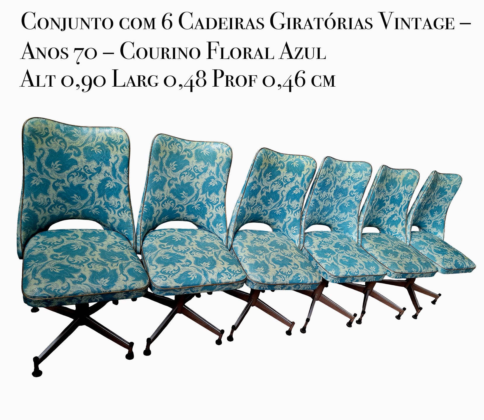 Conjunto com 6 Cadeiras Concha Giratórias Vintage – Anos 70 – Courino Floral Azul