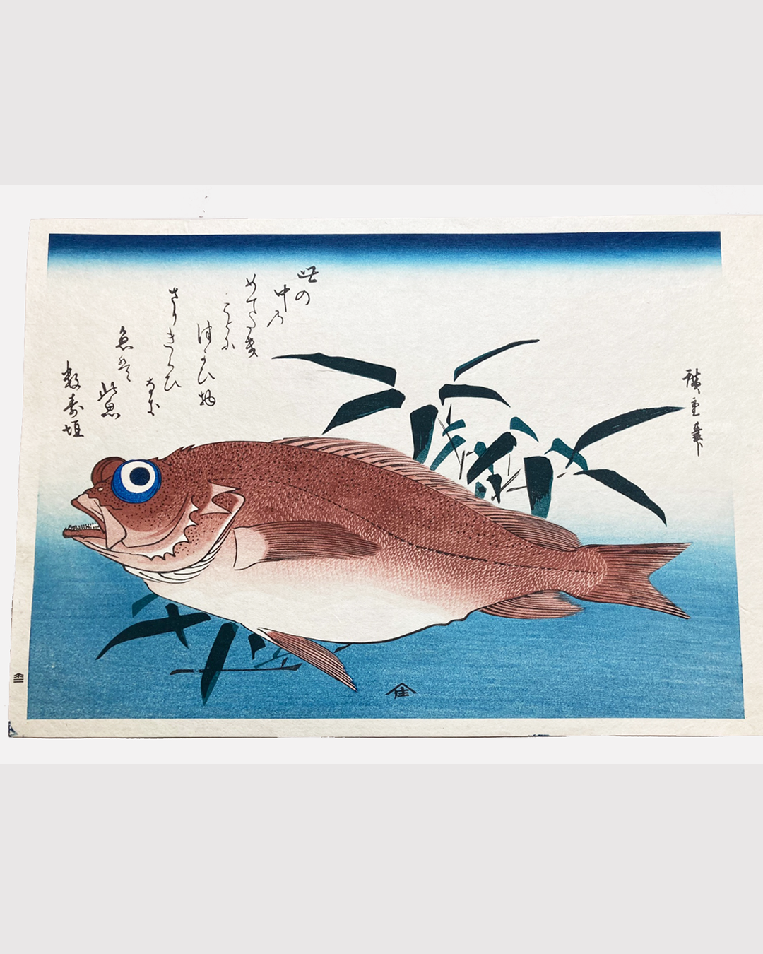 Xilogravura japonesa (Ukiyo-e) de Utagawa Hiroshige "Peixe Akodai e folhas de bambu" - Autêntica
