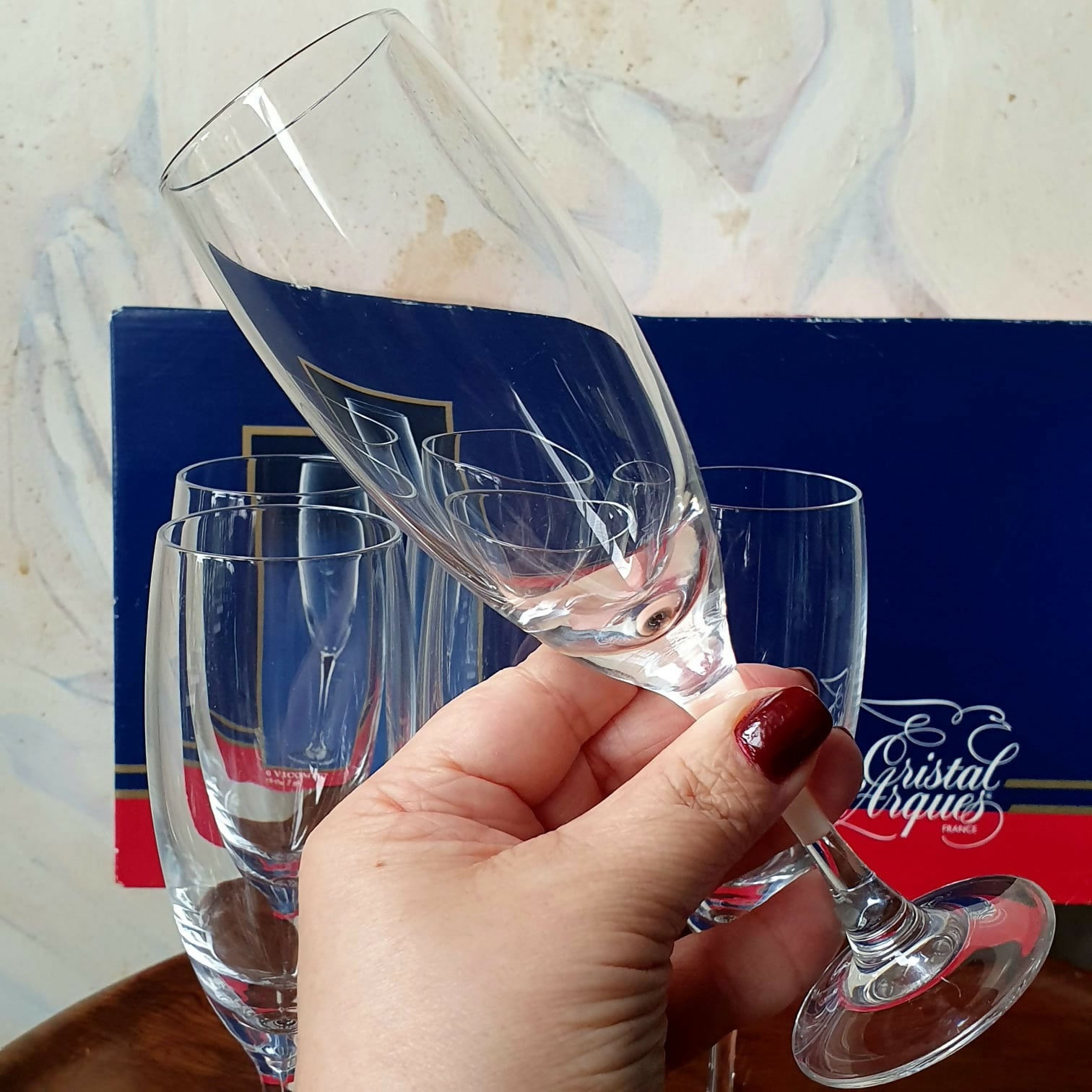 Conjunto de 6 taças para espumantes Cristal D´Arques. Sem uso. Na caixa.