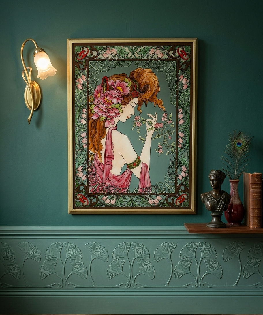 Magnífica e antiga pintura estilo Art Nouveau sobre espelho