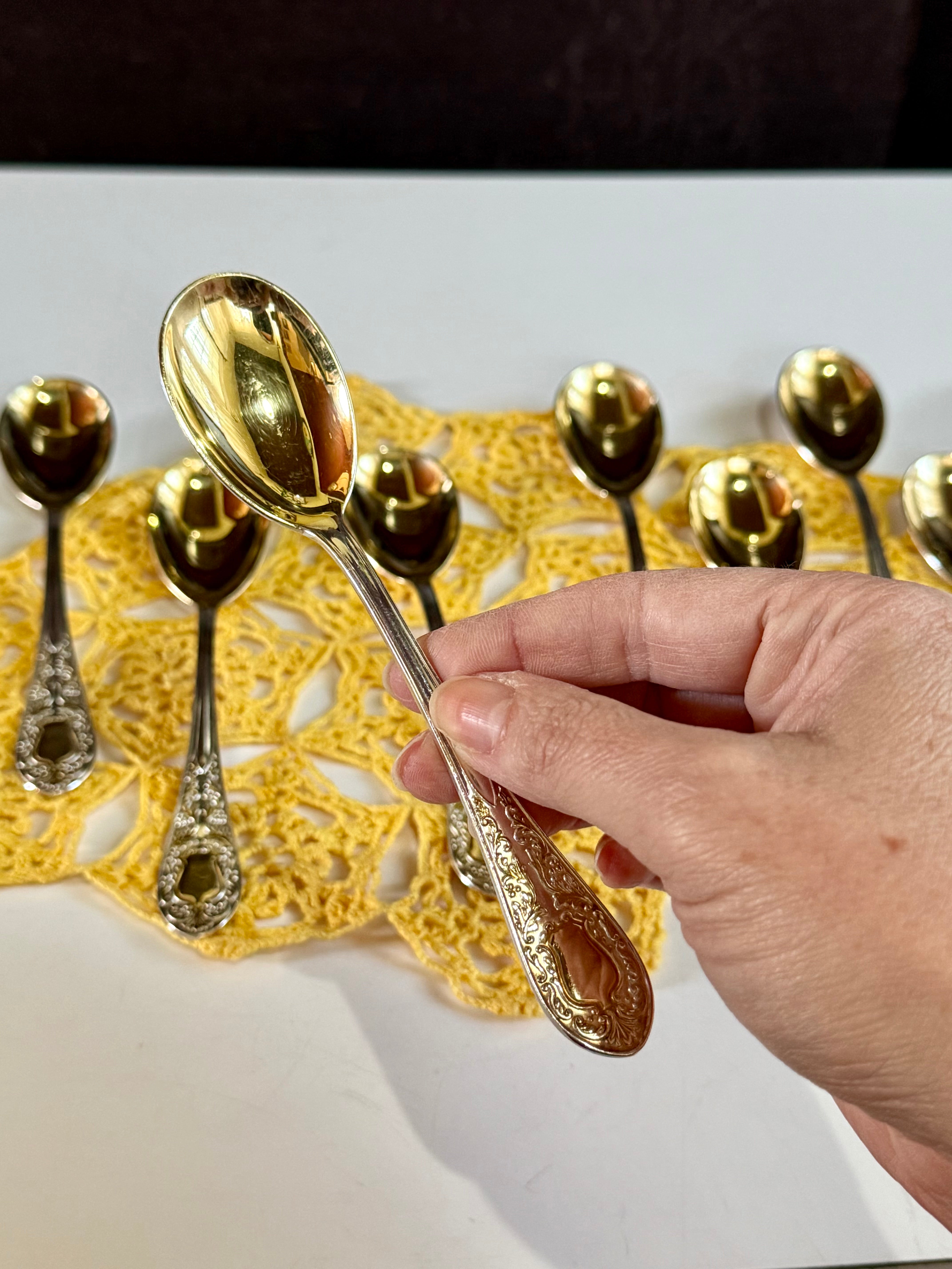 Lote de 9 colheres de sobremesa Eberle banhada a ouro e espessurada a prata 90