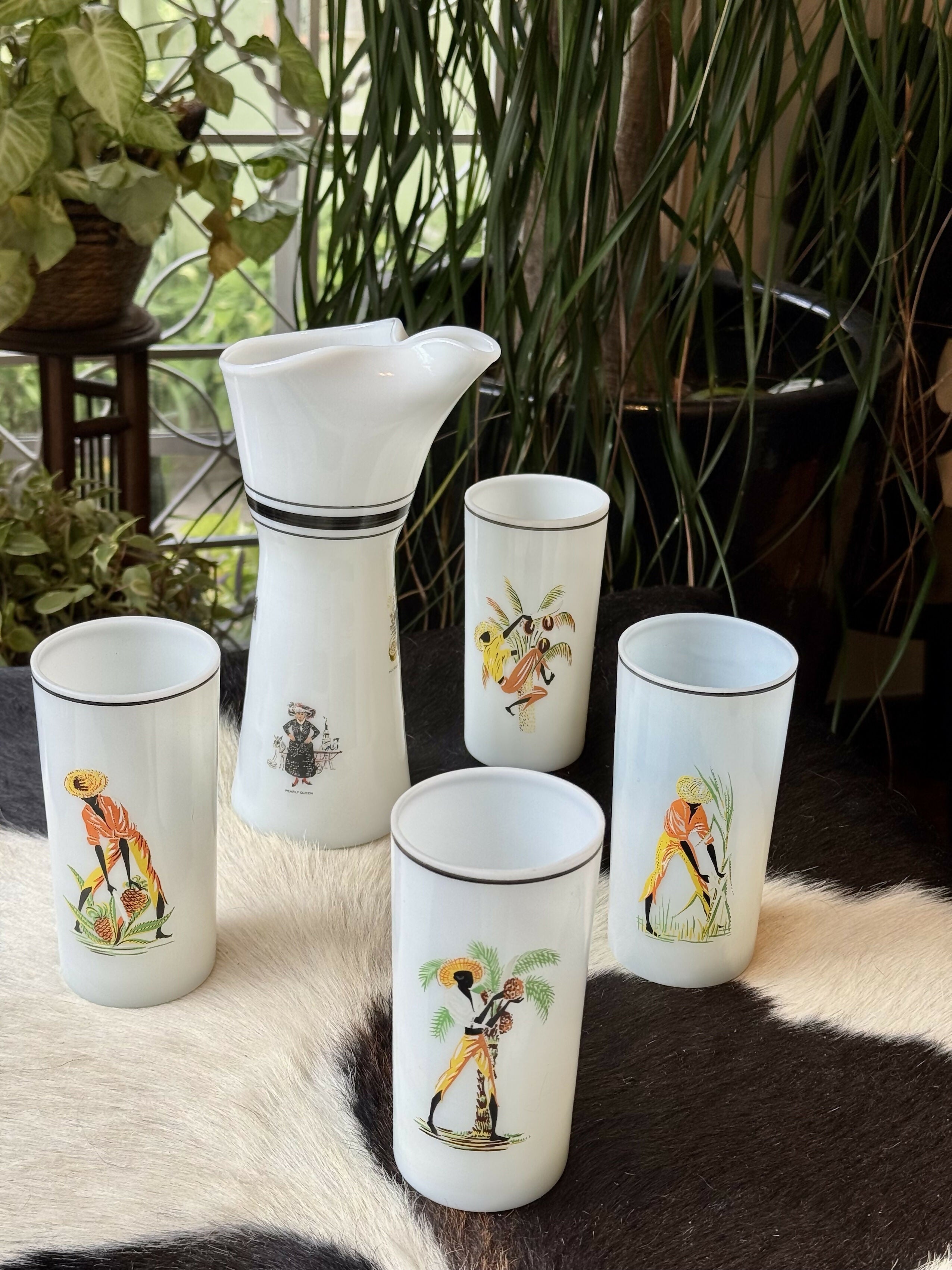 ArtDeco inglês Garrafa e copos em opalina