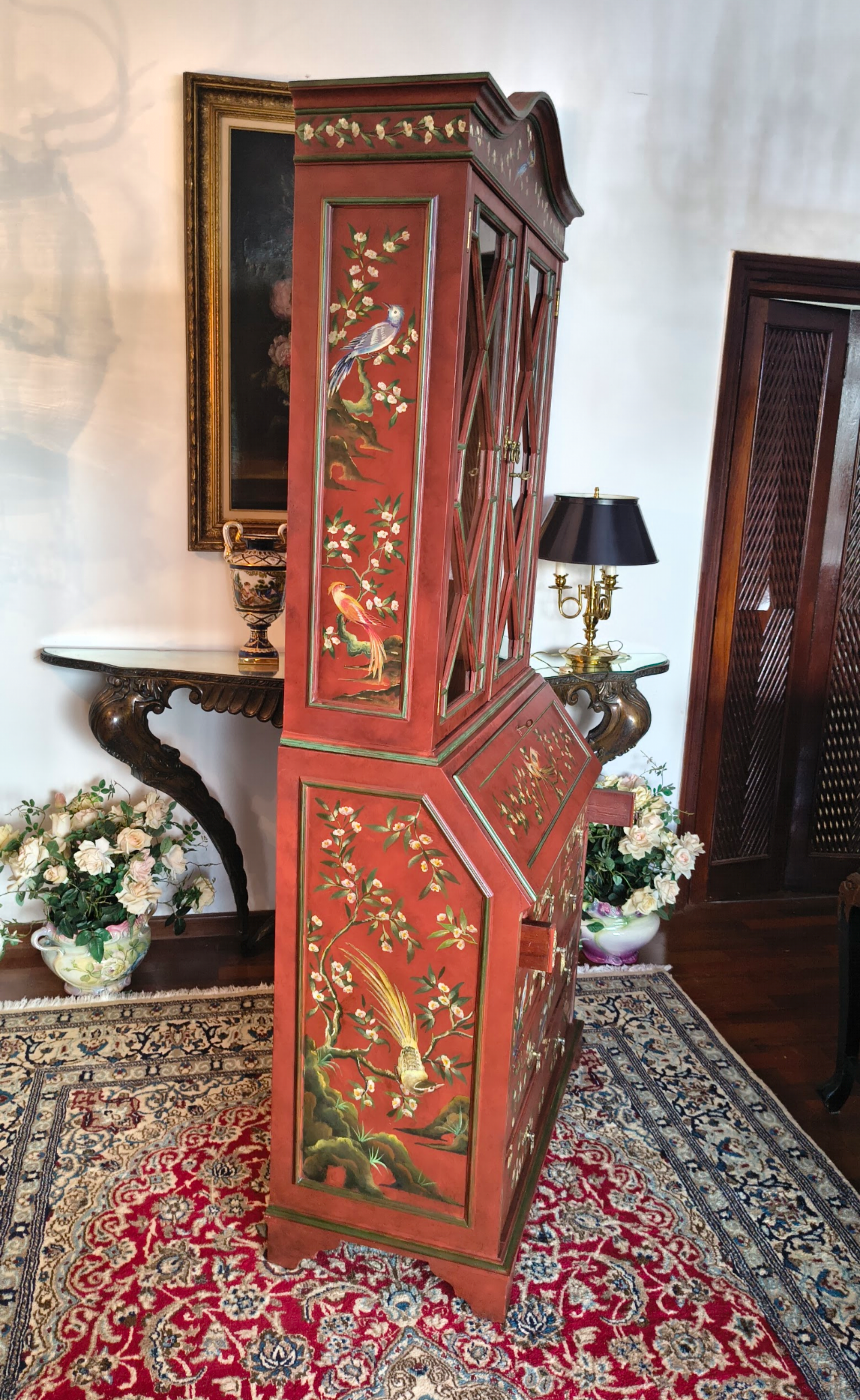 Estante Papeleira secretaria ( estilo Chinoiserie) vermelha com flores e pássaros 