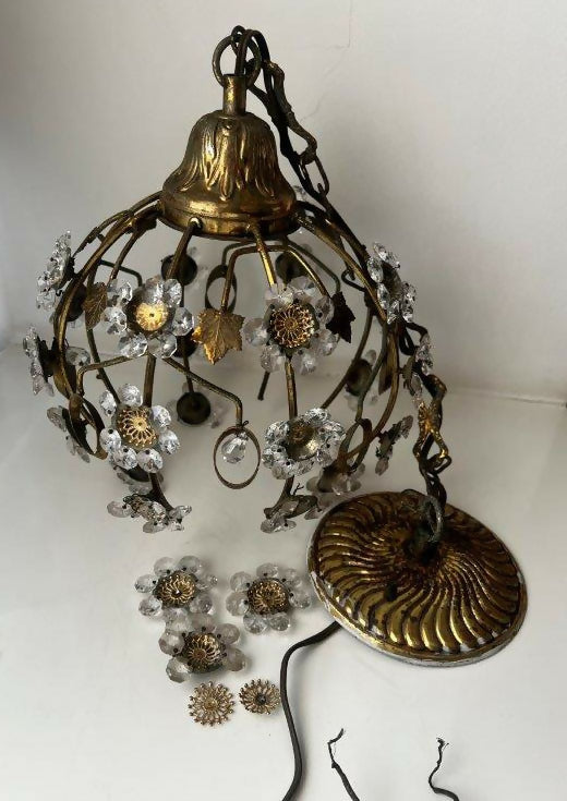 Antigo Lustre pendente bola de metal e cristais