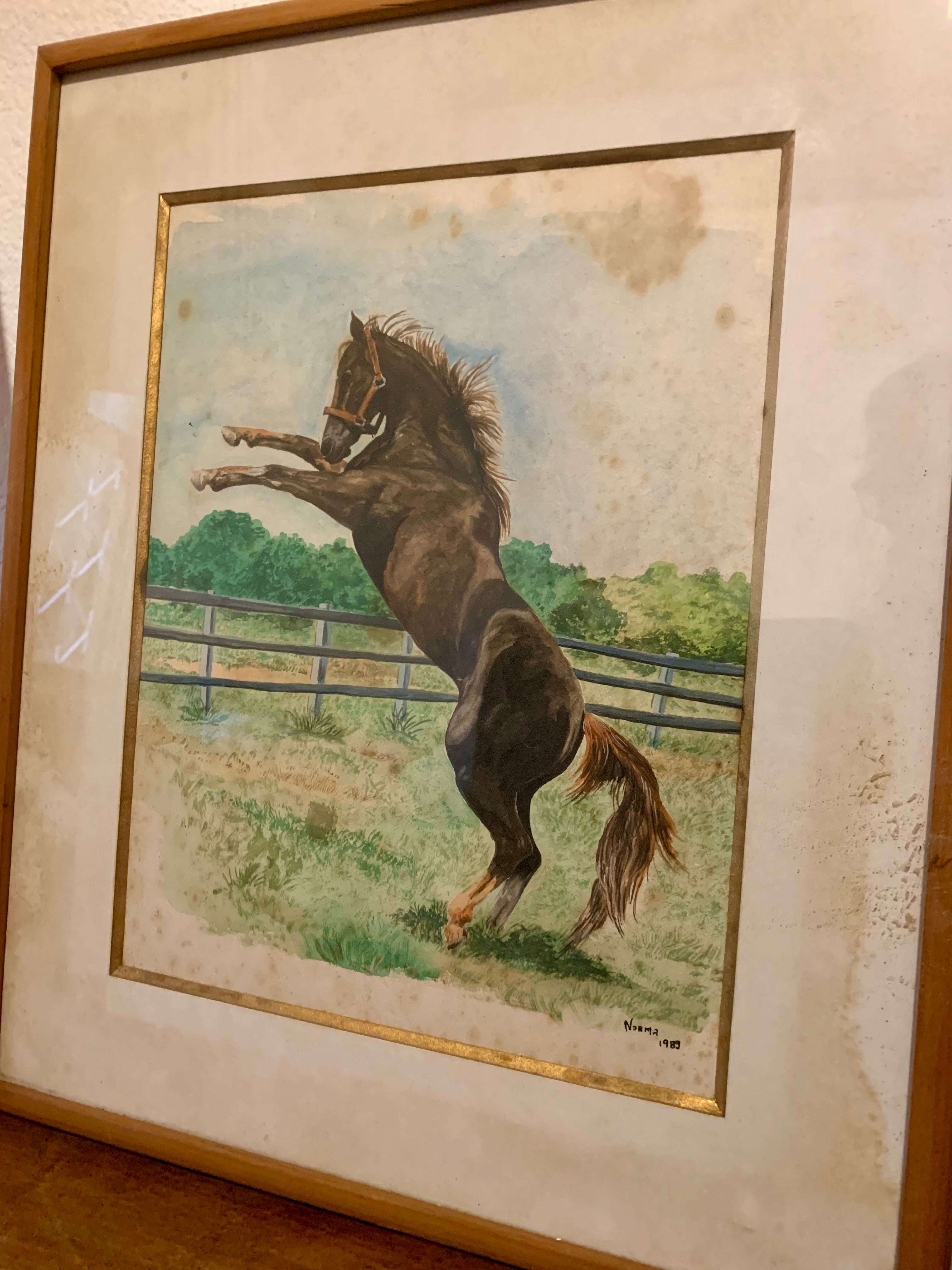 Quadro com antiga aquarela representando um belo cavalo marrom 