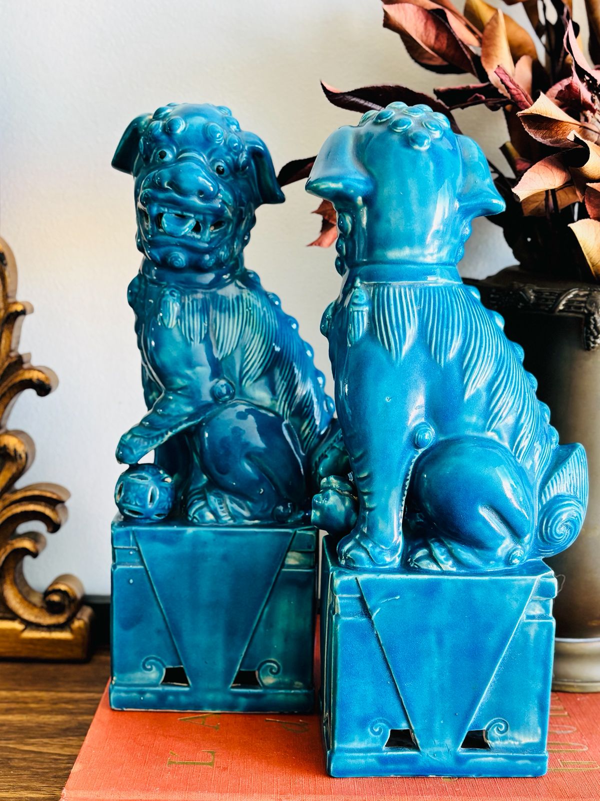 Par de Cães de Fó em porcelana Bleu de Chine