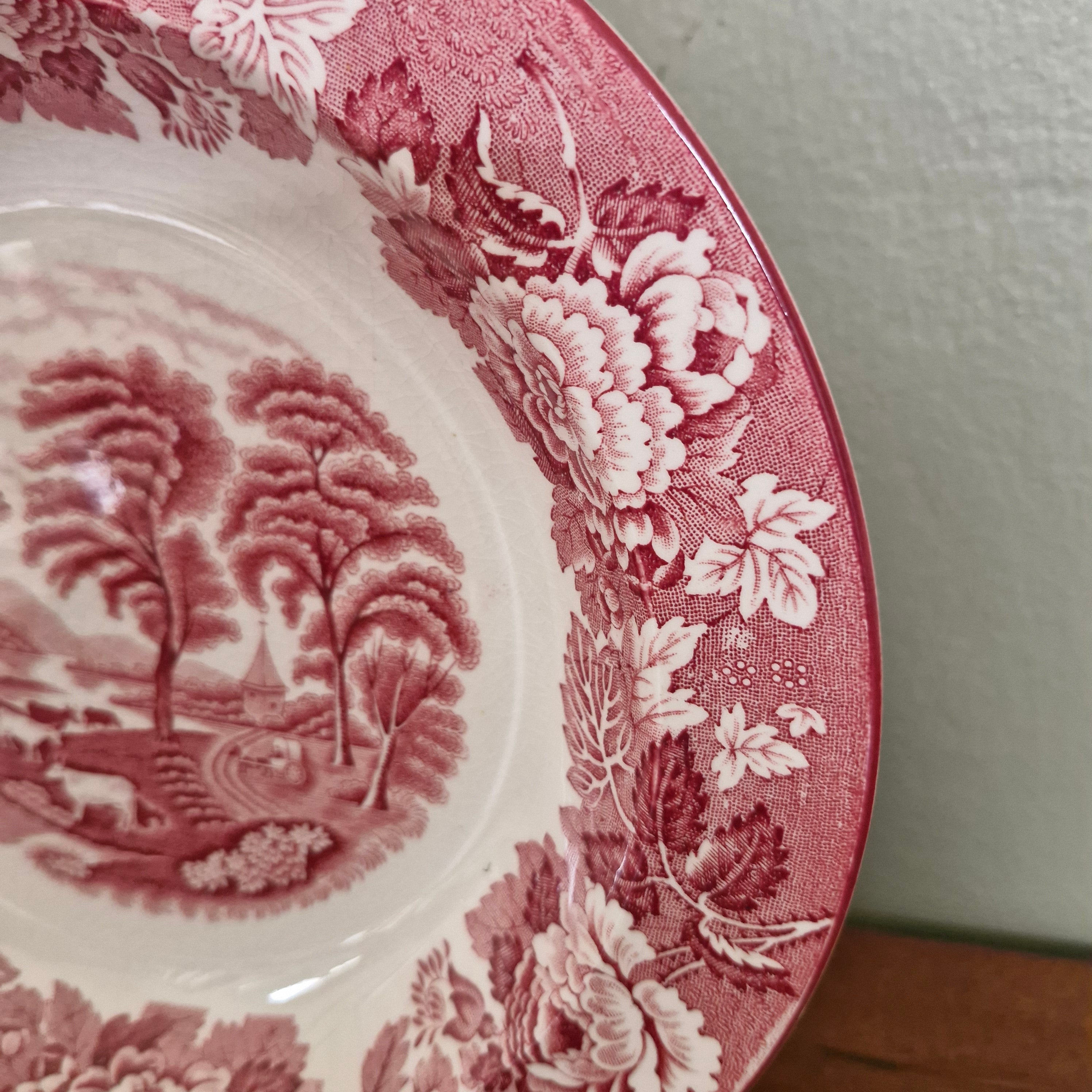 Prato Porcelana Inglesa com decoração campestre em vermelho 