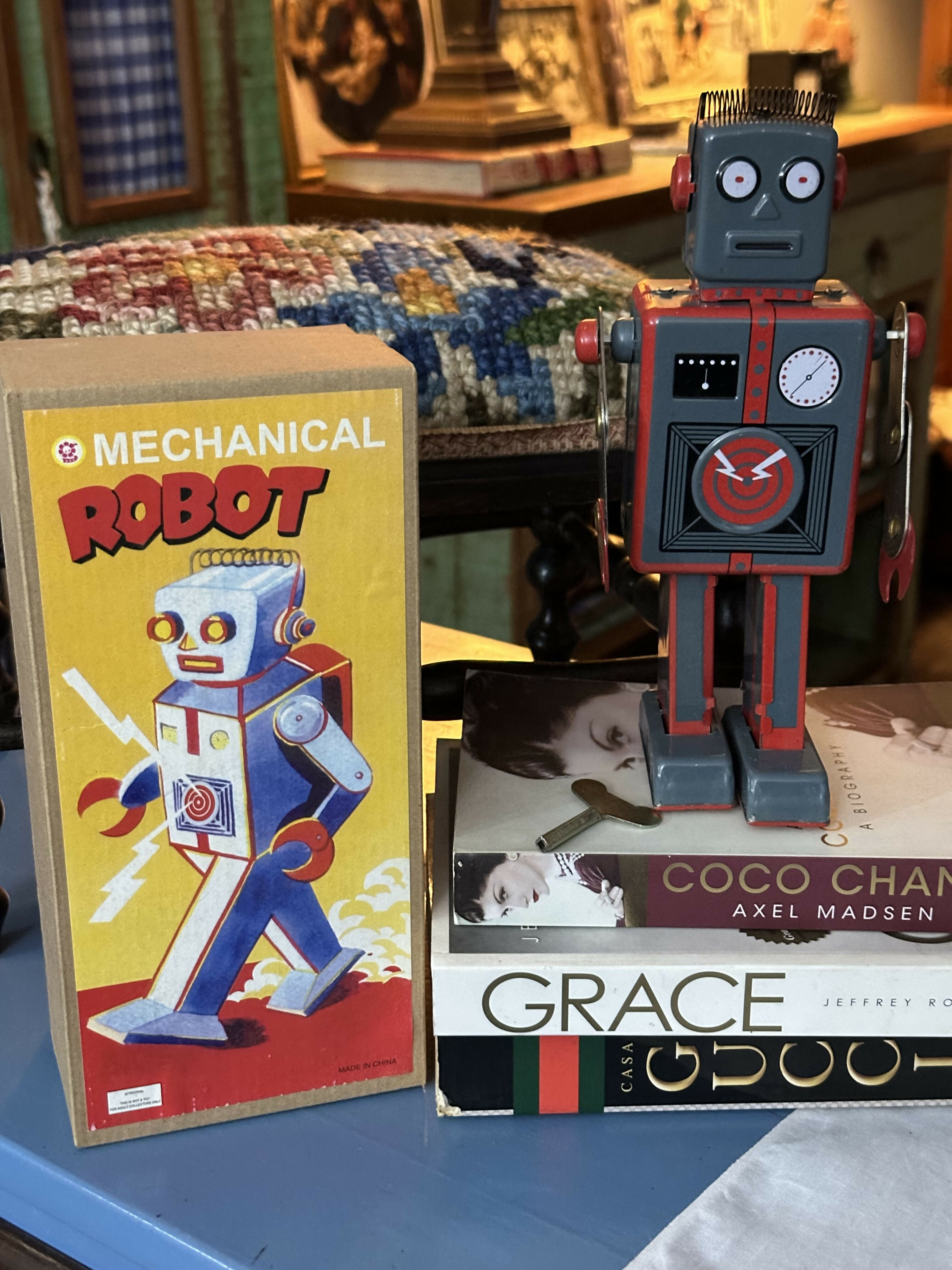 Vintage - funcionando - Réplica na época do robô de brinquedo de lata - "Mechanical Robot" de corda.