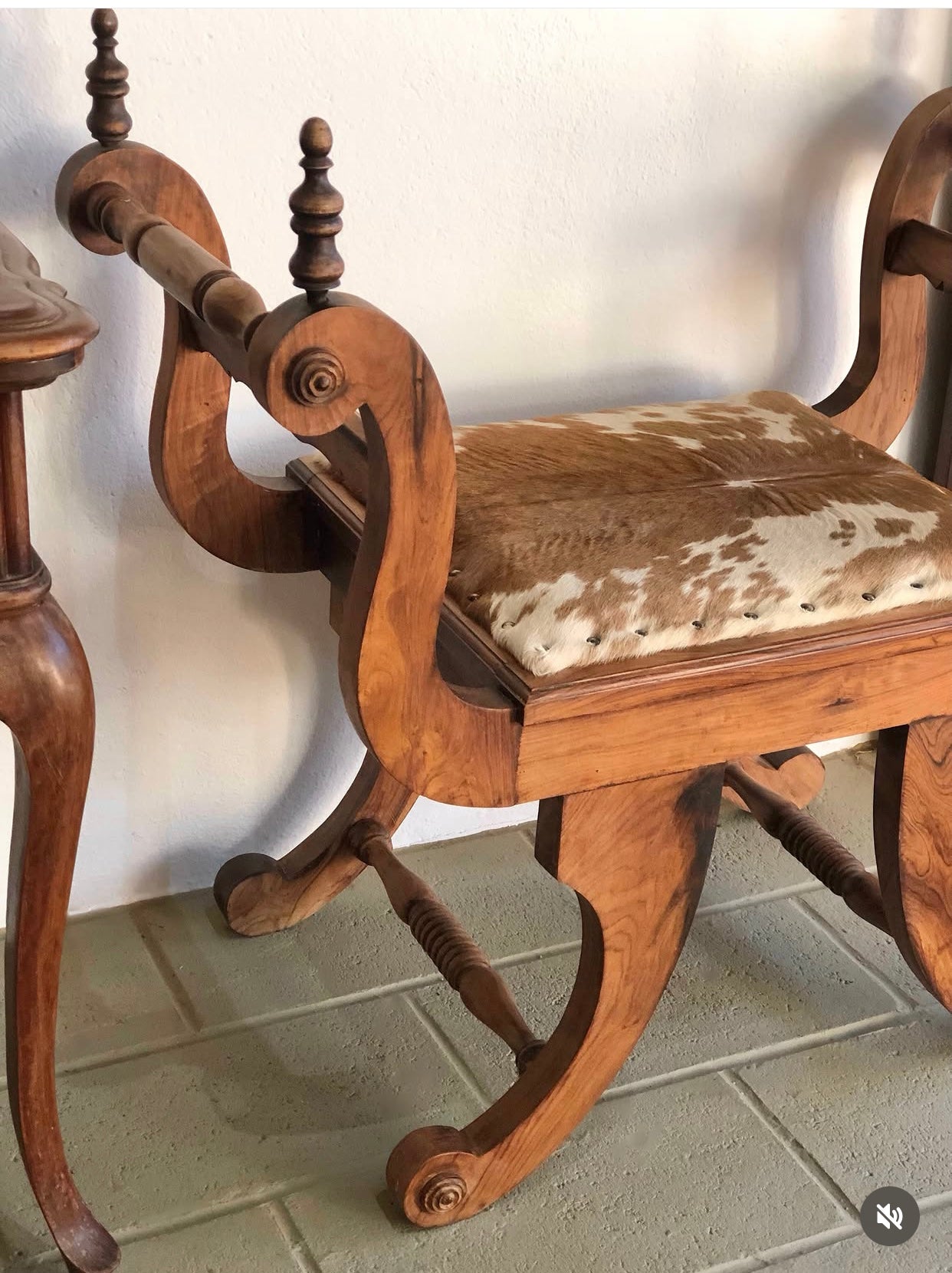 Marquesa / Banco curul em Jacarandá com estofado em couro de vaca malhada 