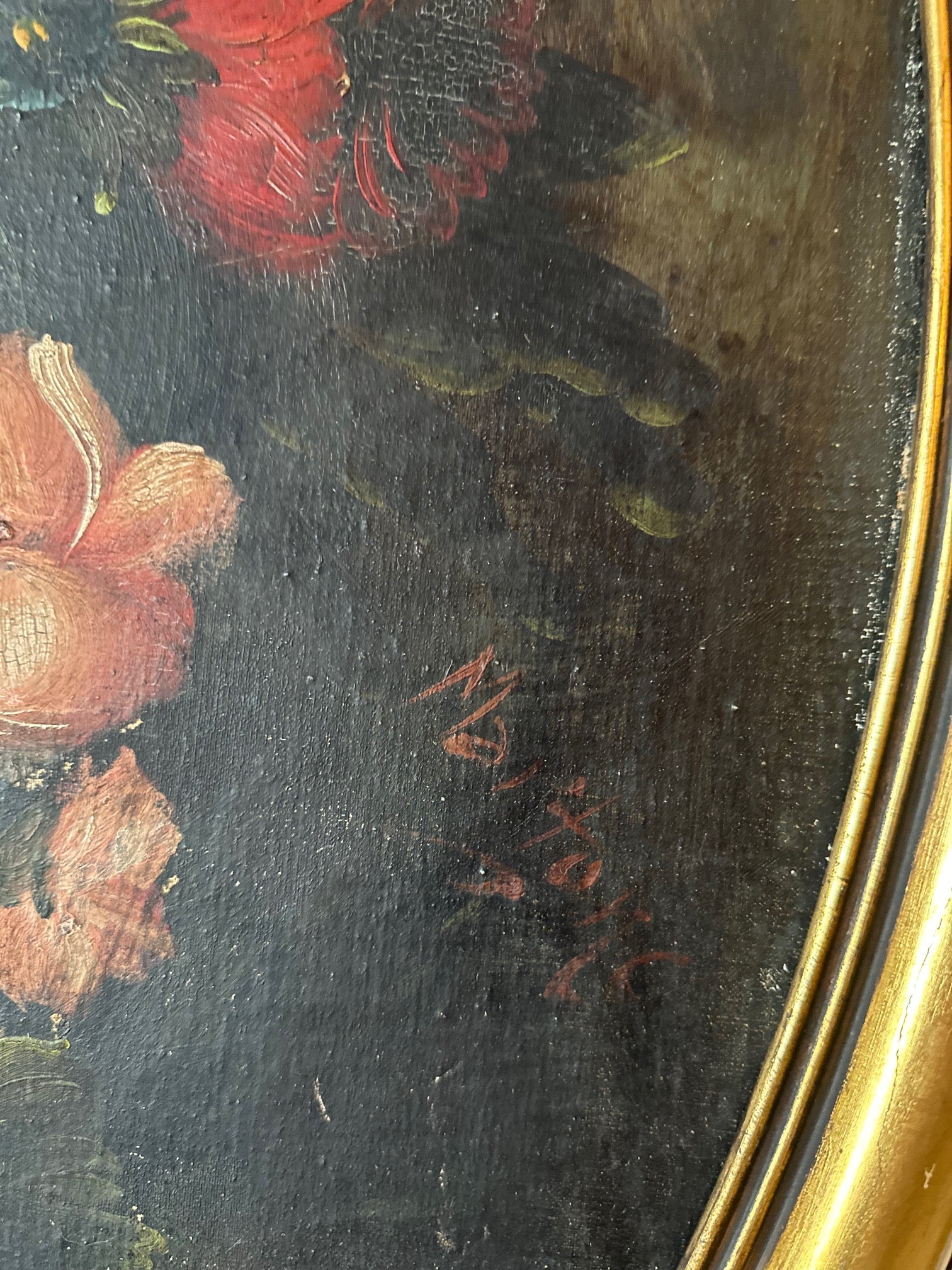 Quadro Oval maravilhoso, pintura a óleo, flores / ramalhete com moldura dourada 