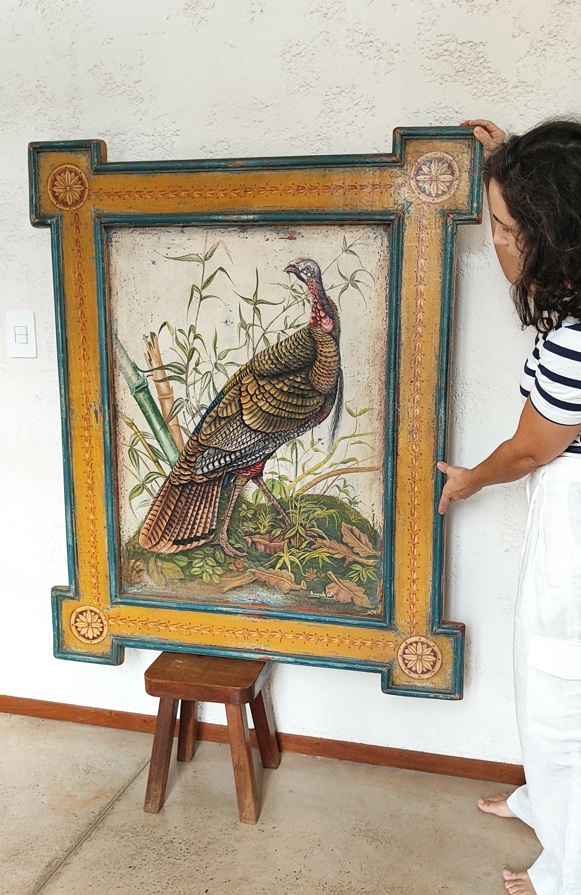 Quadro óleo sobre madeira com imagem de Peru Selvagem