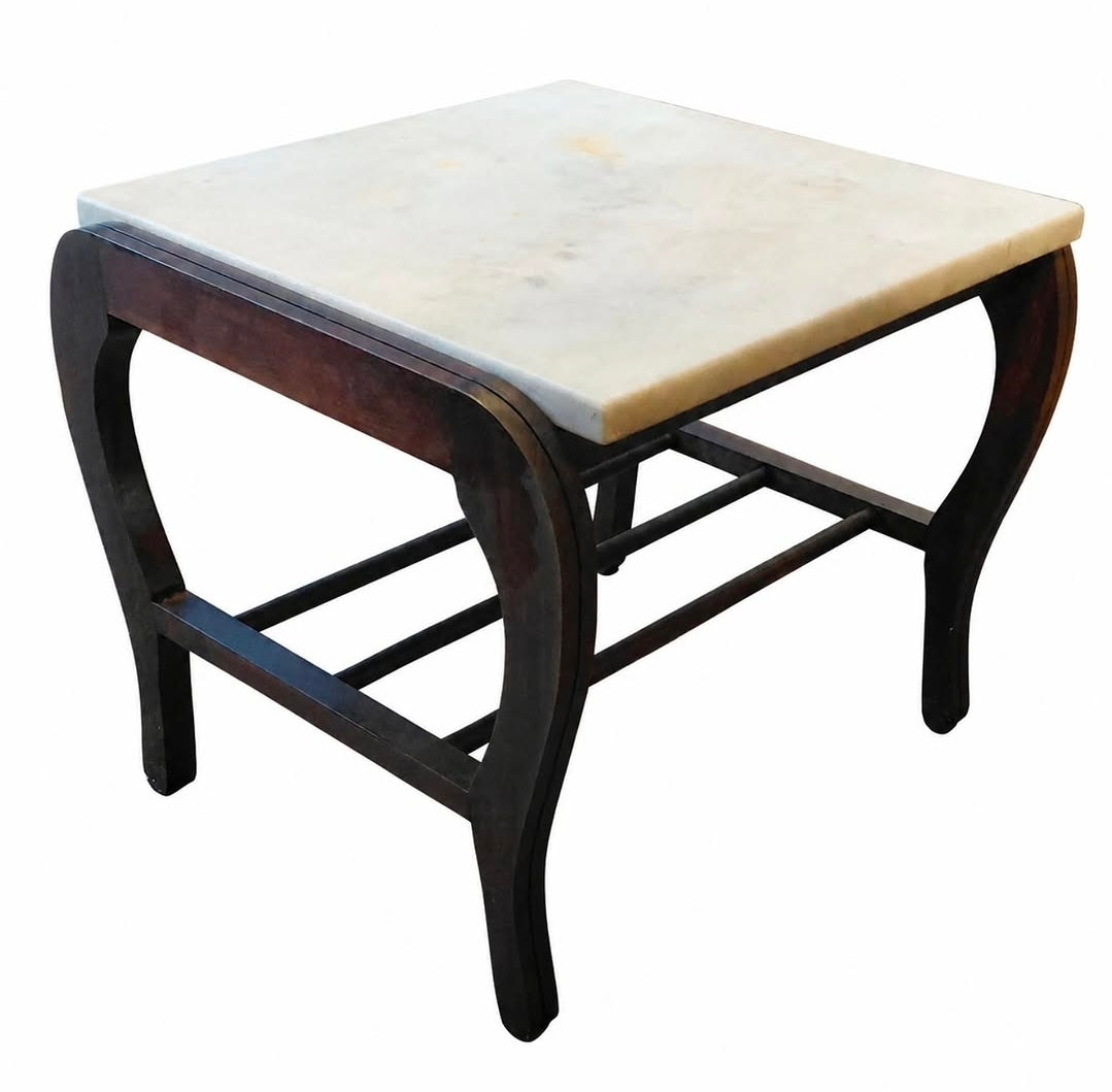 MESA LATERAL QUADRADA EM MADEIRA COM TAMPO DE MÁRMORE BRANCO