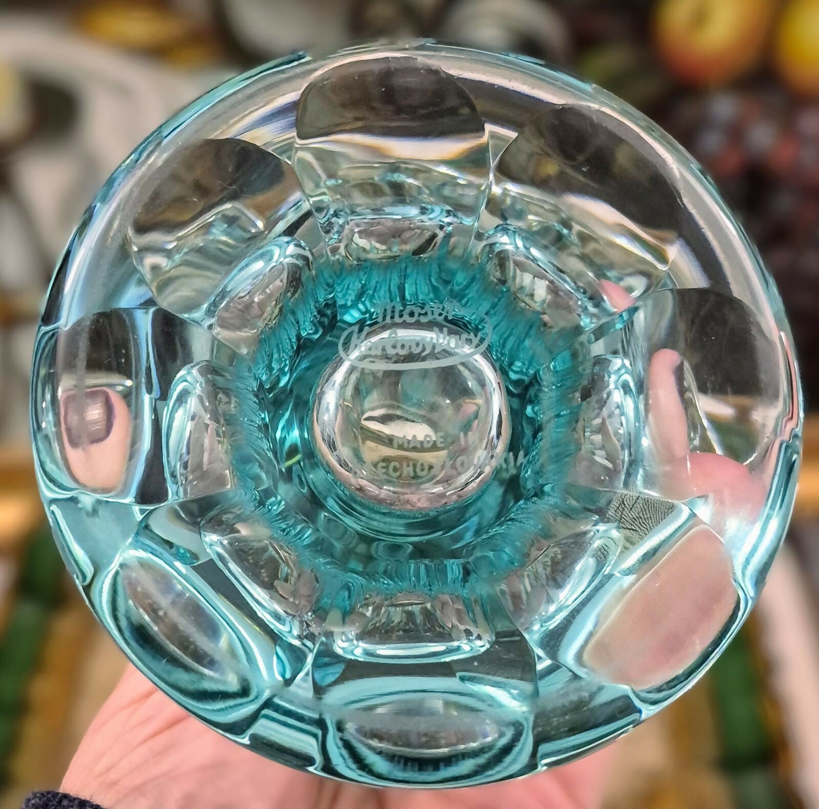 Vaso em bloco de cristal Moser em cor água marinha maravilhoso e impecável!
