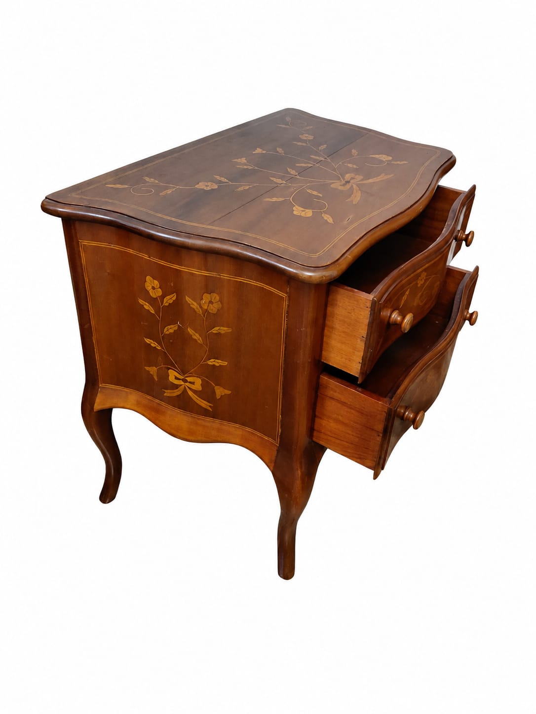 MESA DE CABECEIRA/LATERAL BOMBÊ COM MARCHETARIA FLORAL 