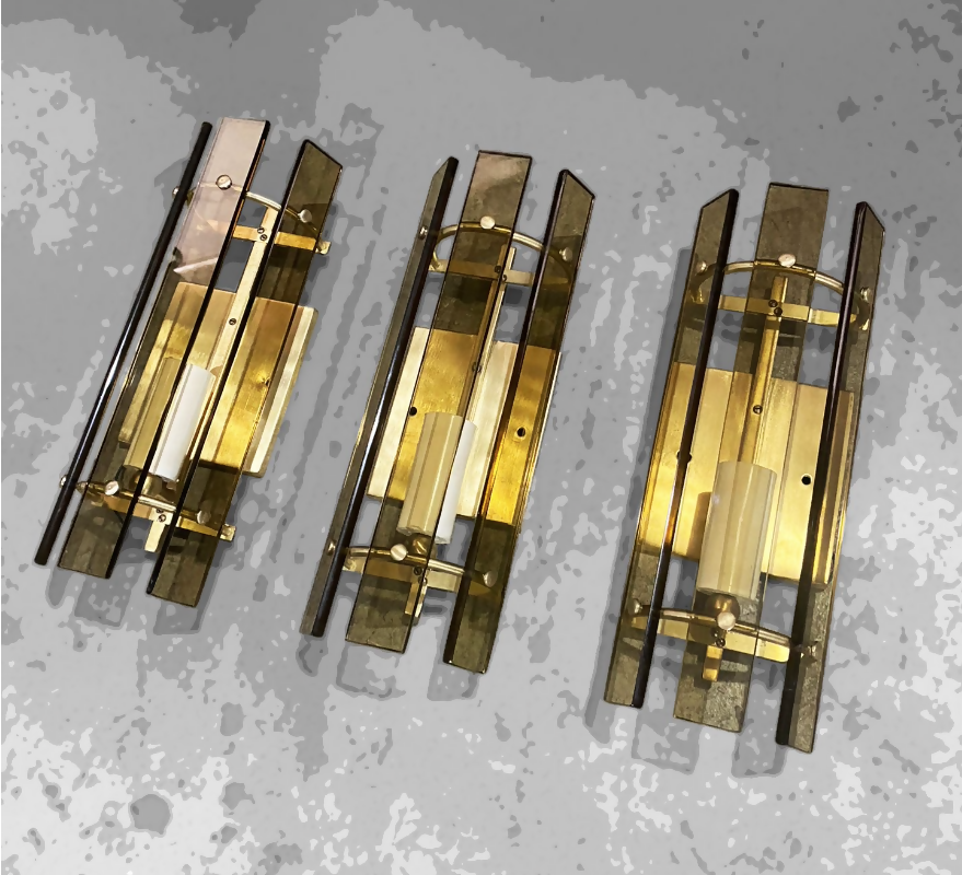 Trio de Luminárias arandelas antigas - Vidros / Latão