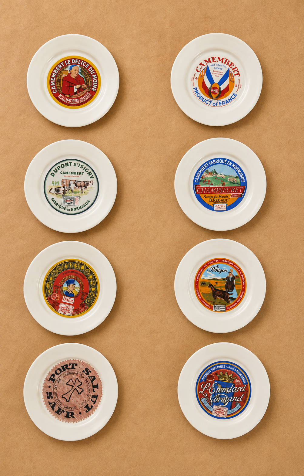 Conjunto de 8 pratos Tropic Art com rótulos de queijos franceses (DMCPS_328)