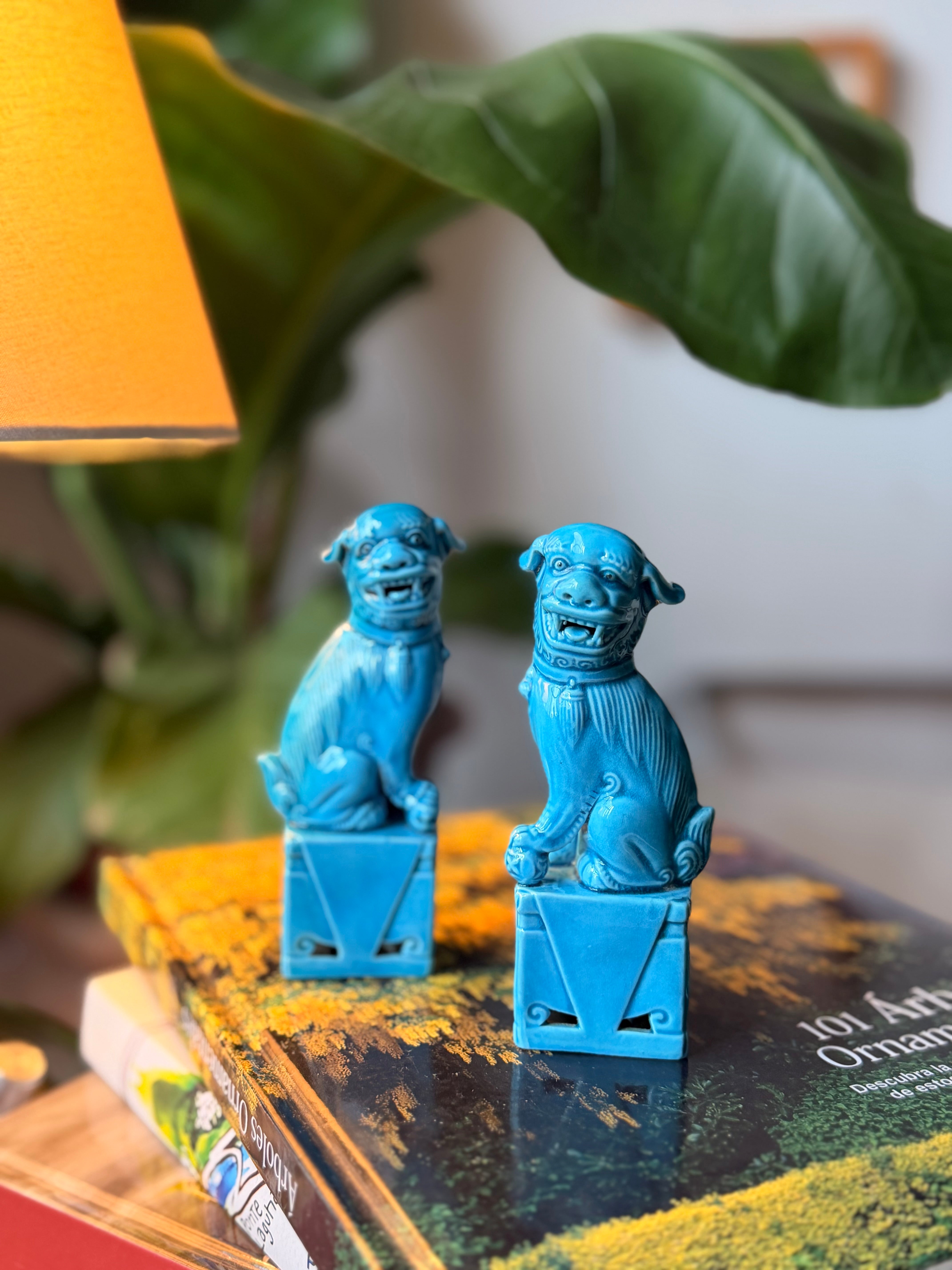 Par Leões de Fo Azul Turquesa Vintage Chinoiseri