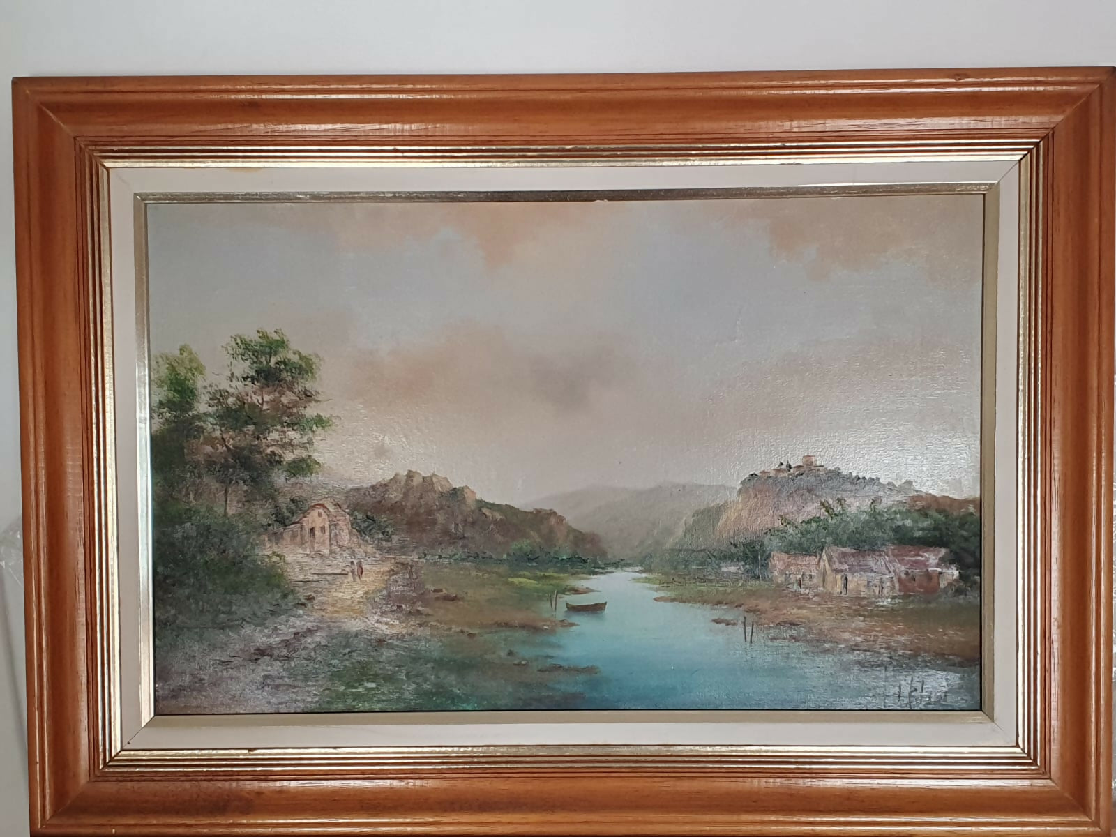 Quadro, pintura, óleo sobre tela, representando paisagem lacustre e casario, assinado frente e verso por Ivo Blasi.
