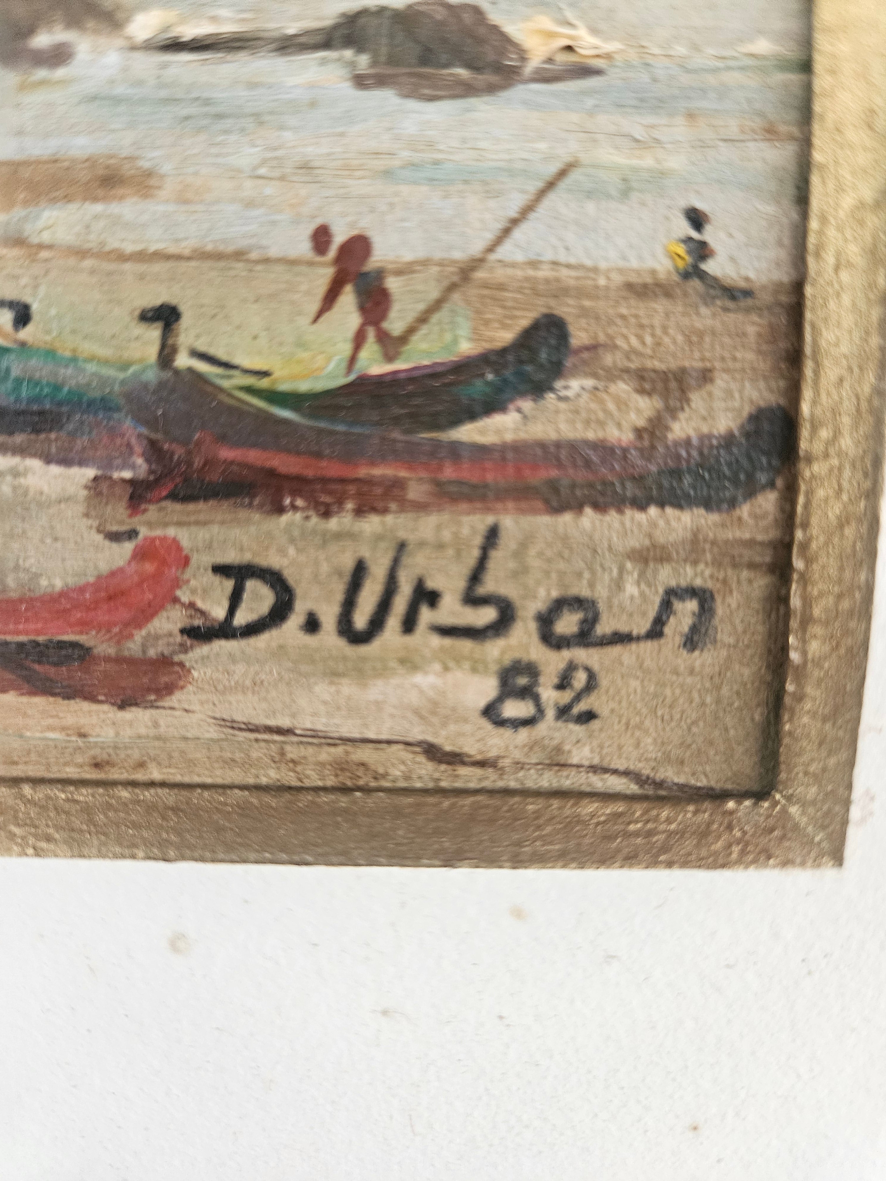 Quadro a Óleo de Djalma Urban (1982) - “Prainha” com moldura dourada 