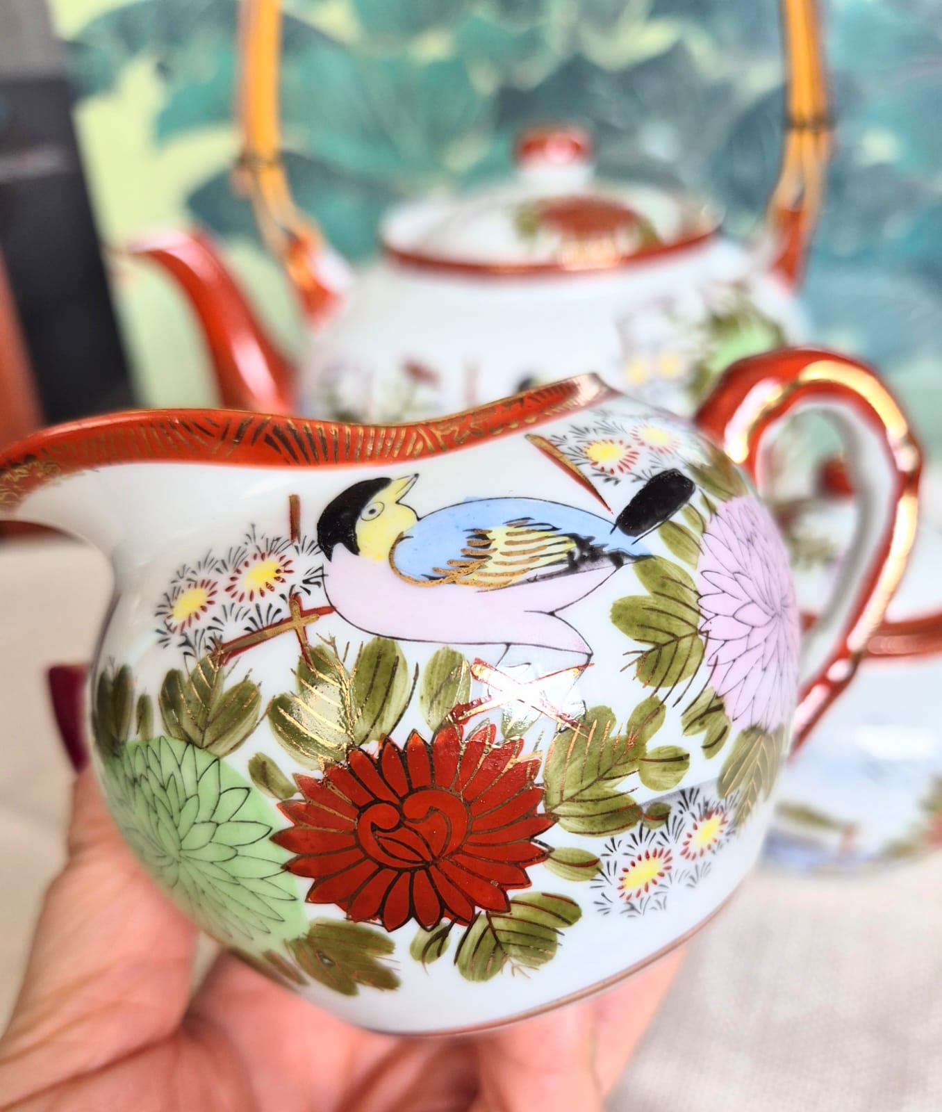 Jogo de chá em porcelana japonesa Kutani, da década de 30. Maravilhoso e impecável! 3 peças para servir.