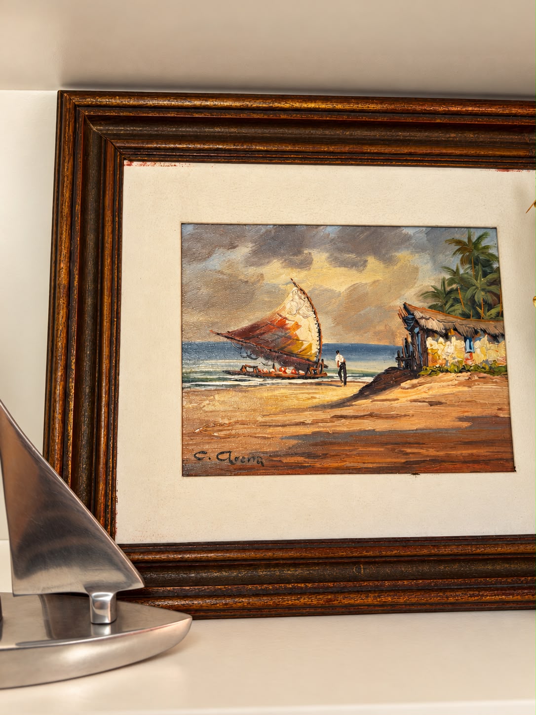 Quadro Marinha com Jangada em Óleo sobre Tela, Assinado C. Arena