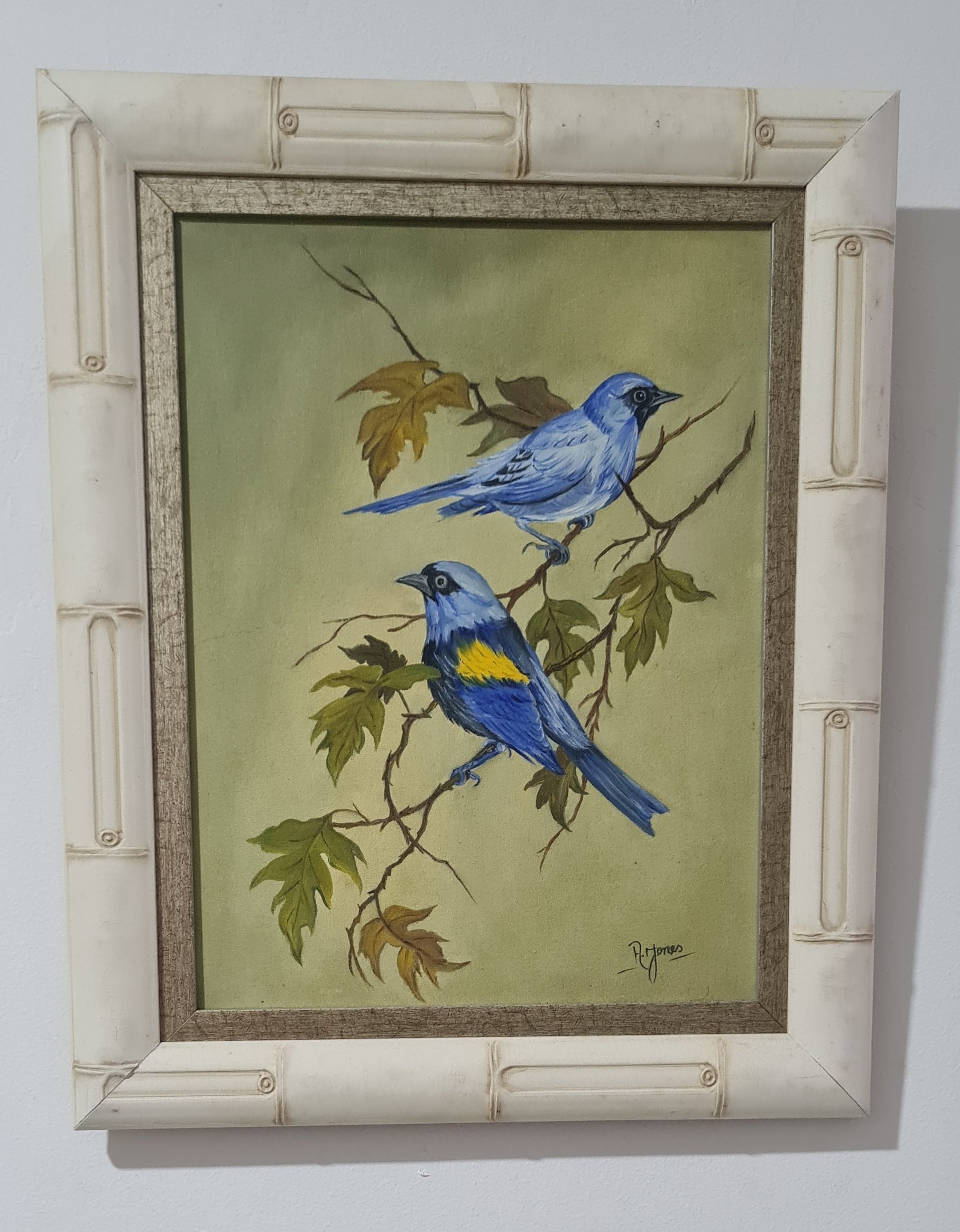 Quadro Óleo sobre Tela R. Jones – Pássaros Azuis e Moldura Bambu Vintage Impecável (52x42 cm)