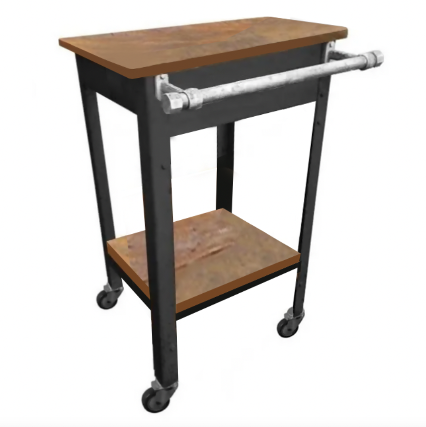 Bancada / Mesa de apoio para cozinha (ilha de preparo) em metal preto e madeira 