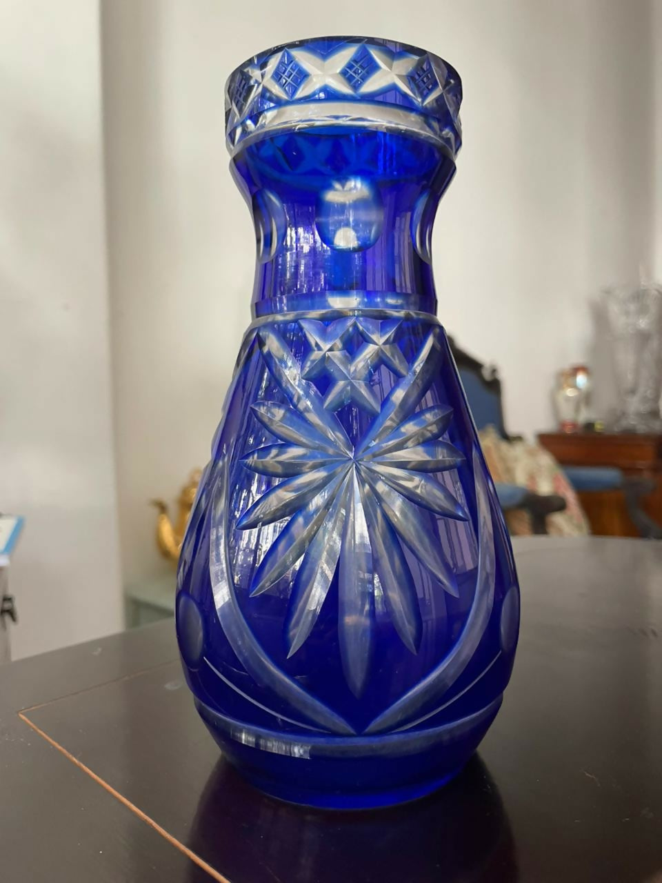 Vaso de cristal double/overlay azul lapidado