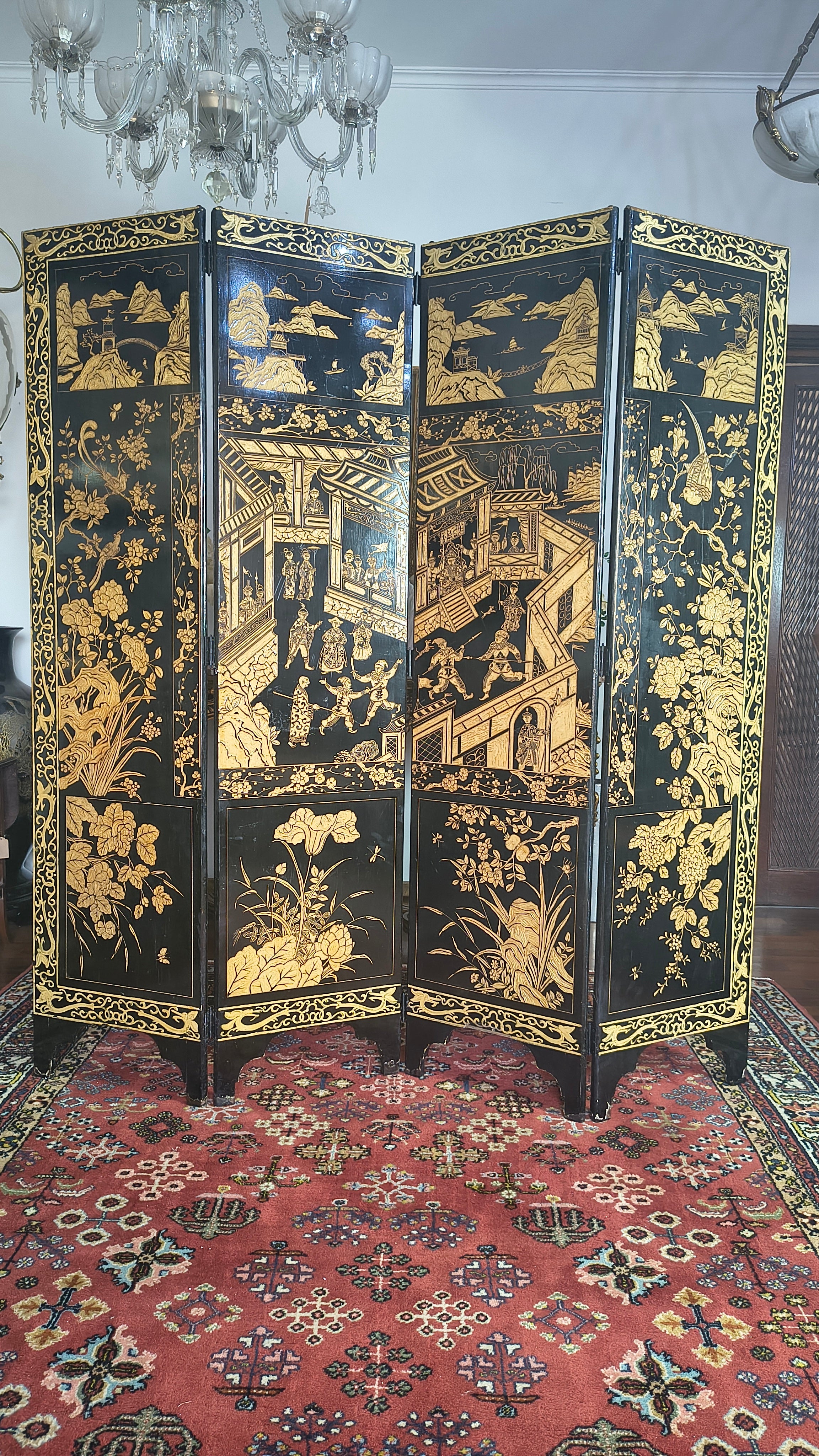 Biombo antigo Chinoiserie em laca negra 