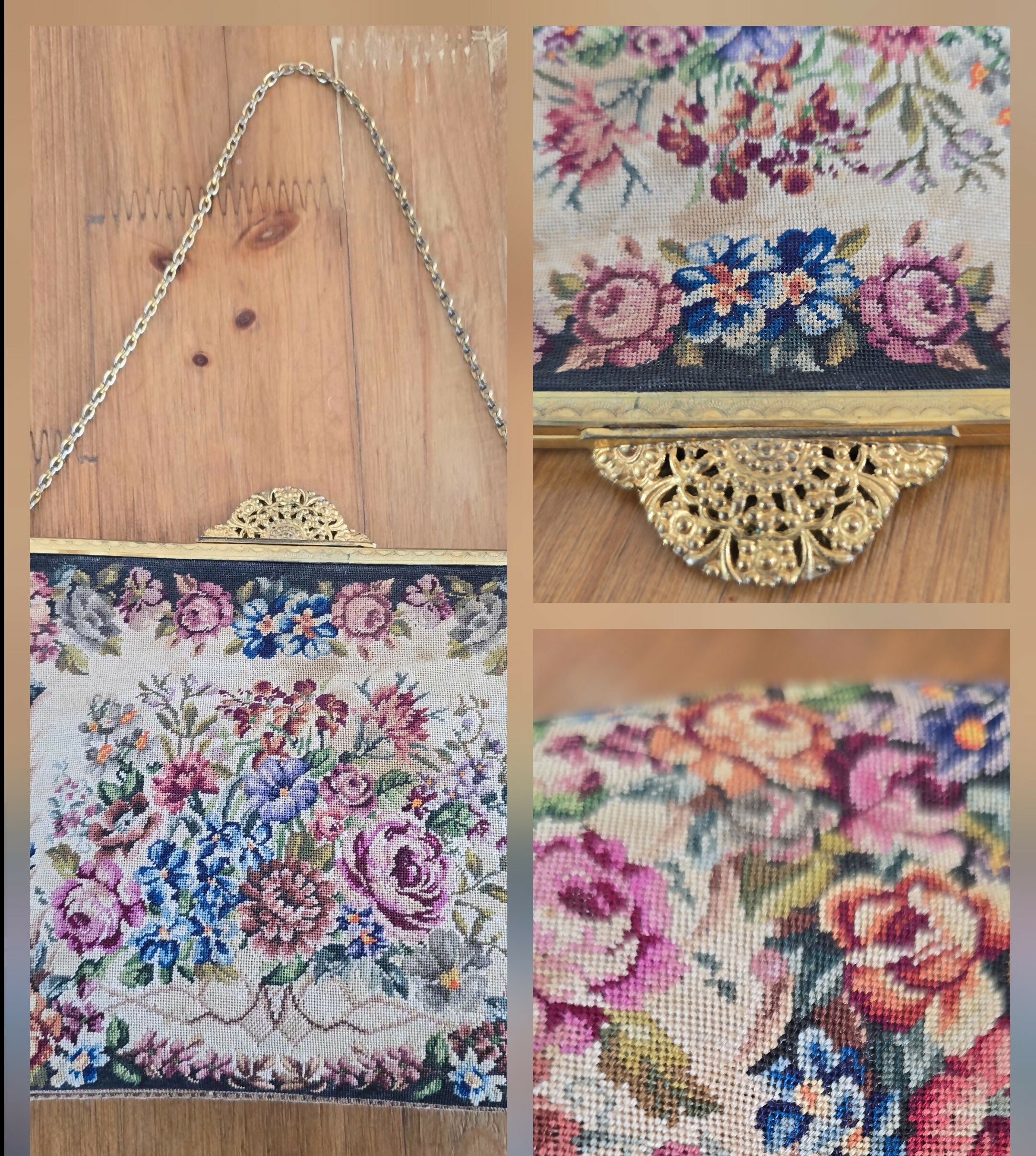 Bolsa de festa com bordado em ponto cruz com motivos florais