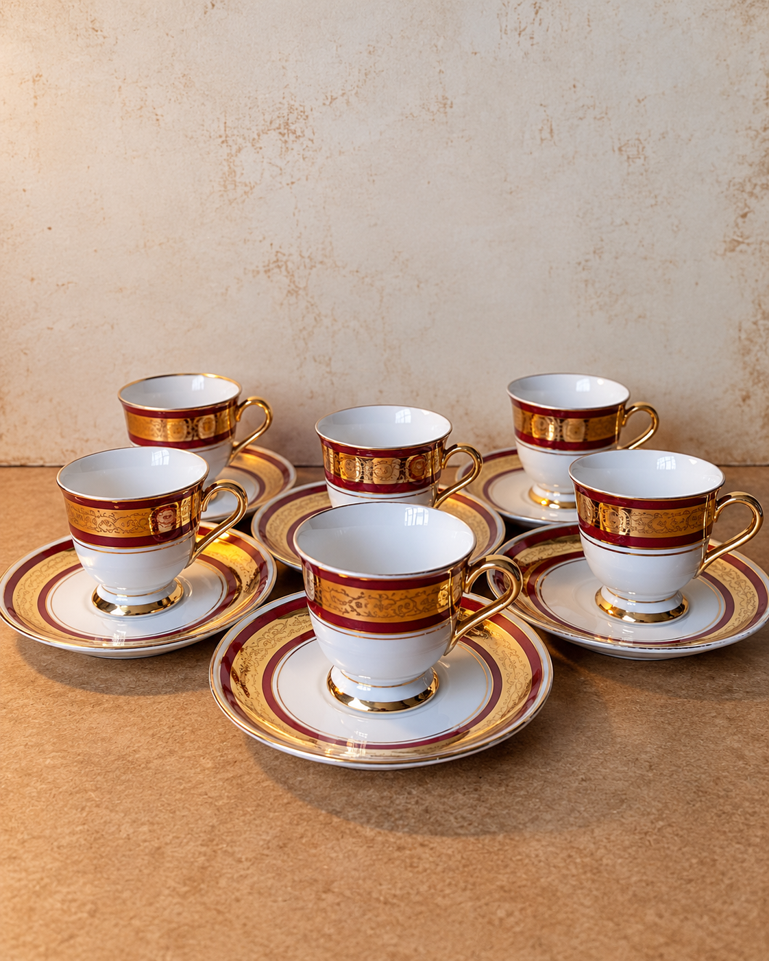 Conjunto de seis xícaras de café com pires em porcelana vinho e dourada PD 541 (DMCPS_304)