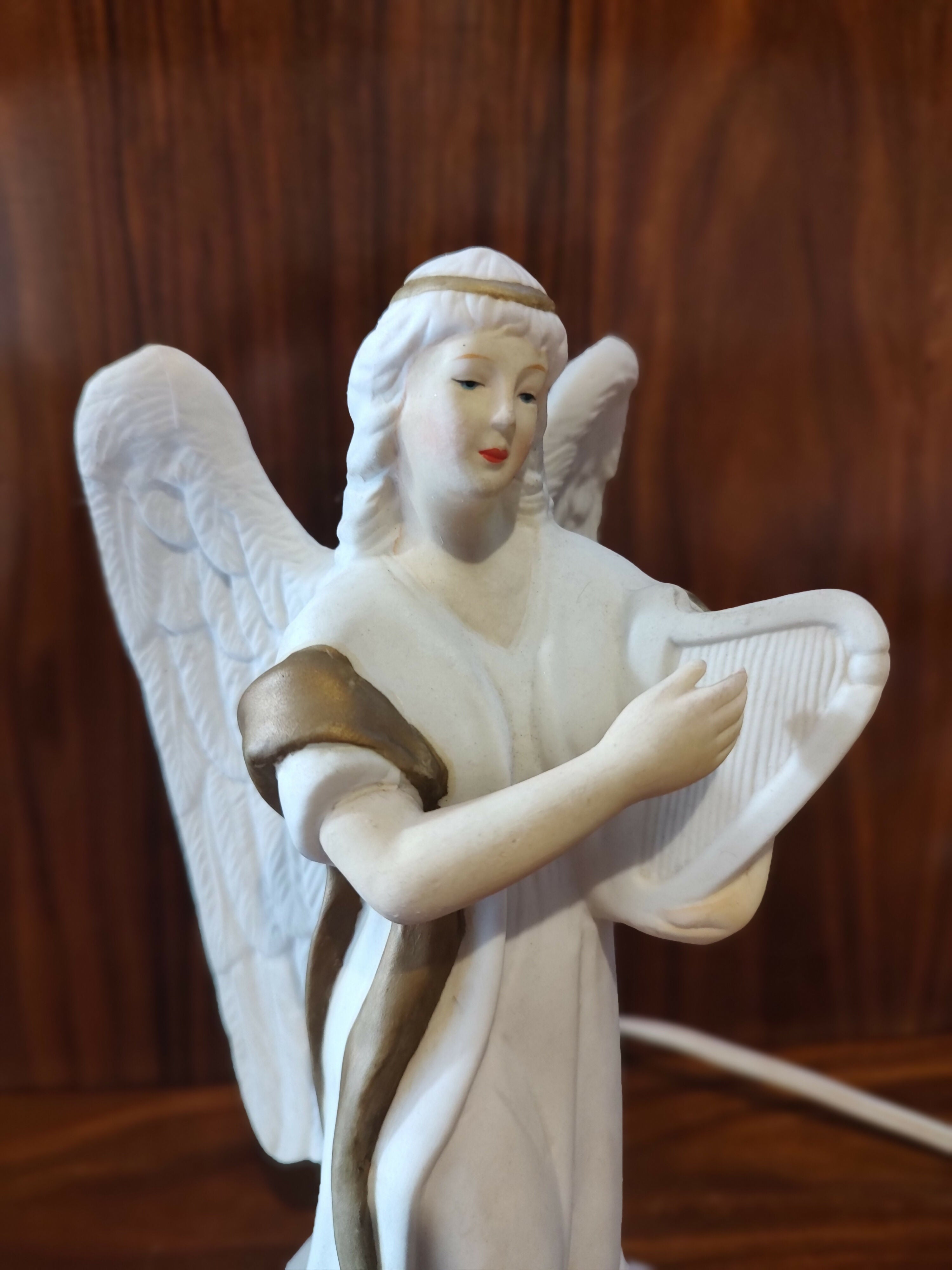 Antiga Luminária de Anjo com Harpa em Porcelana Biscuit - anos 90