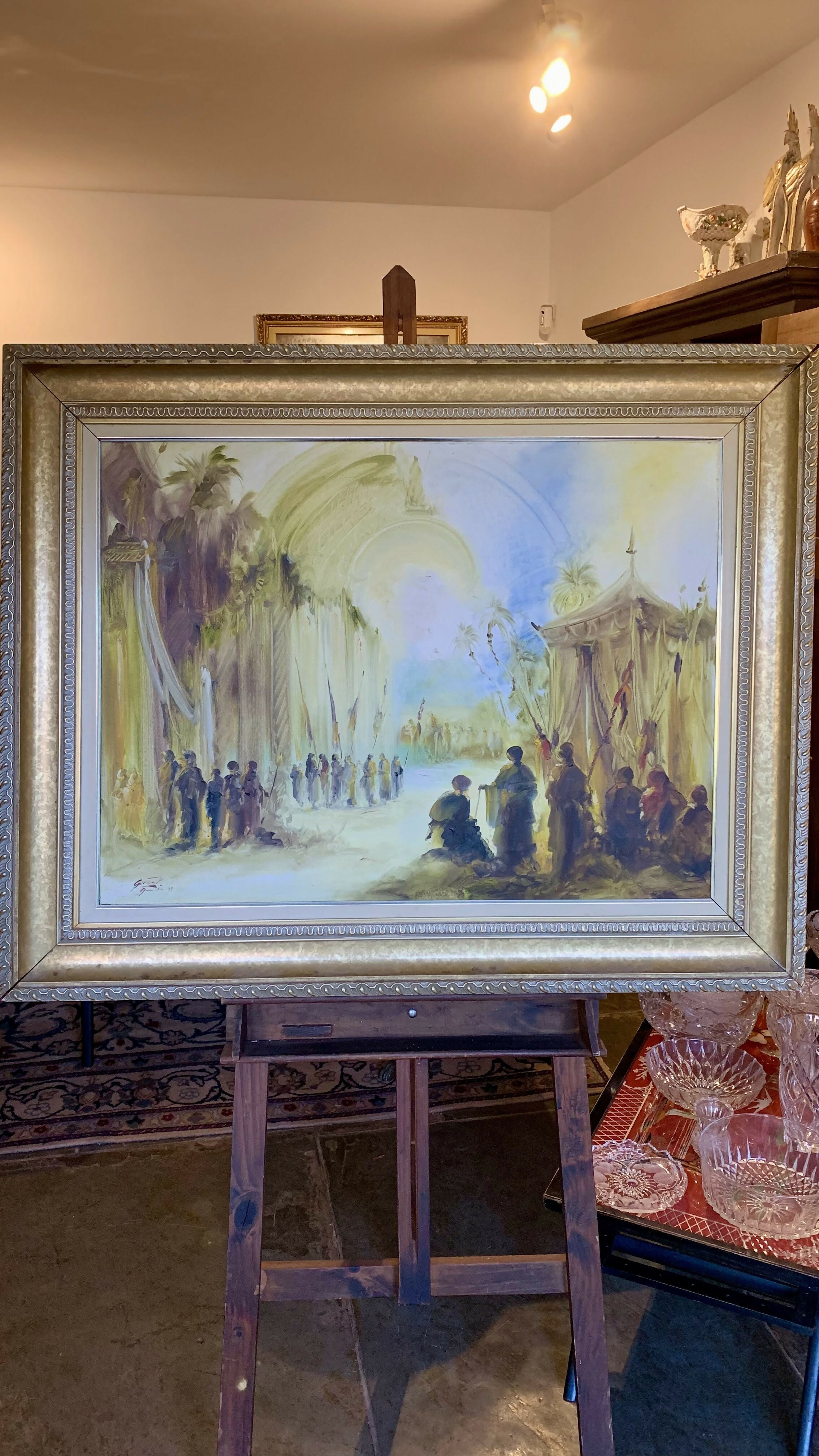 Quadro Óleo sobre tela Antigo – Cena Histórica Cerimonial