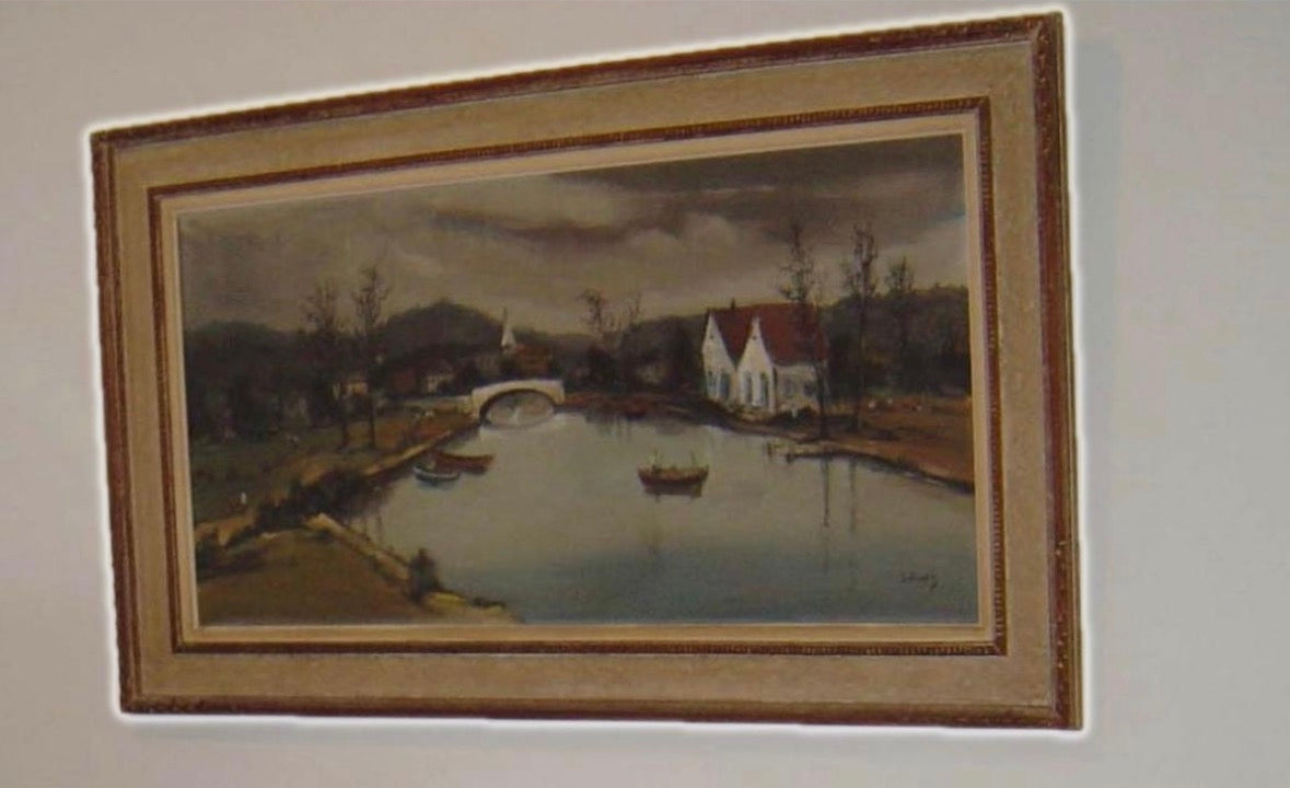 Quadro Óleo sobre tela de Sylvio Pinto retratando paisagem com Rio Sena