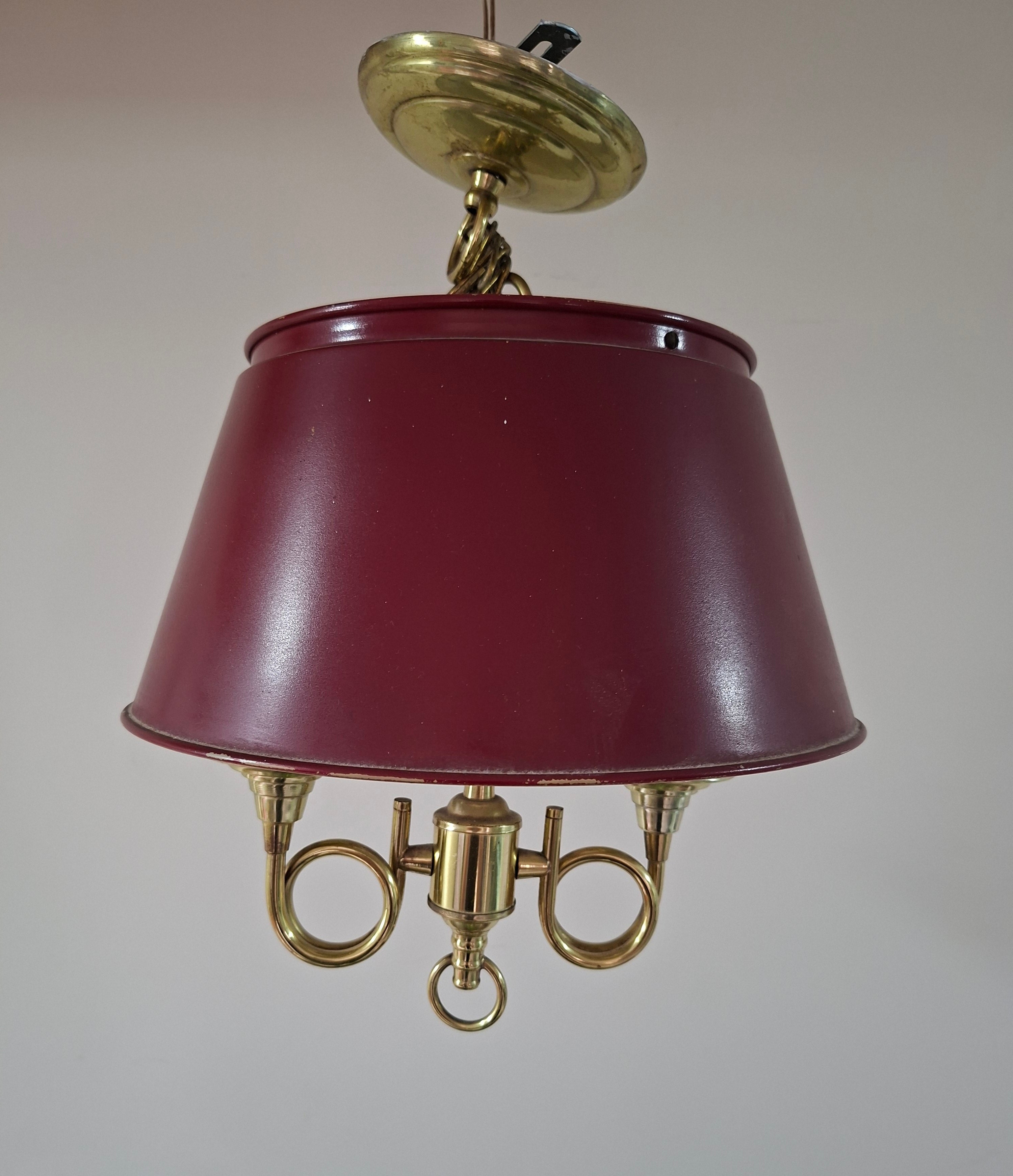 Lustre Luminária Pendente Antiga em Estilo Inglês em latão com cúpula Vermelho Vinho 