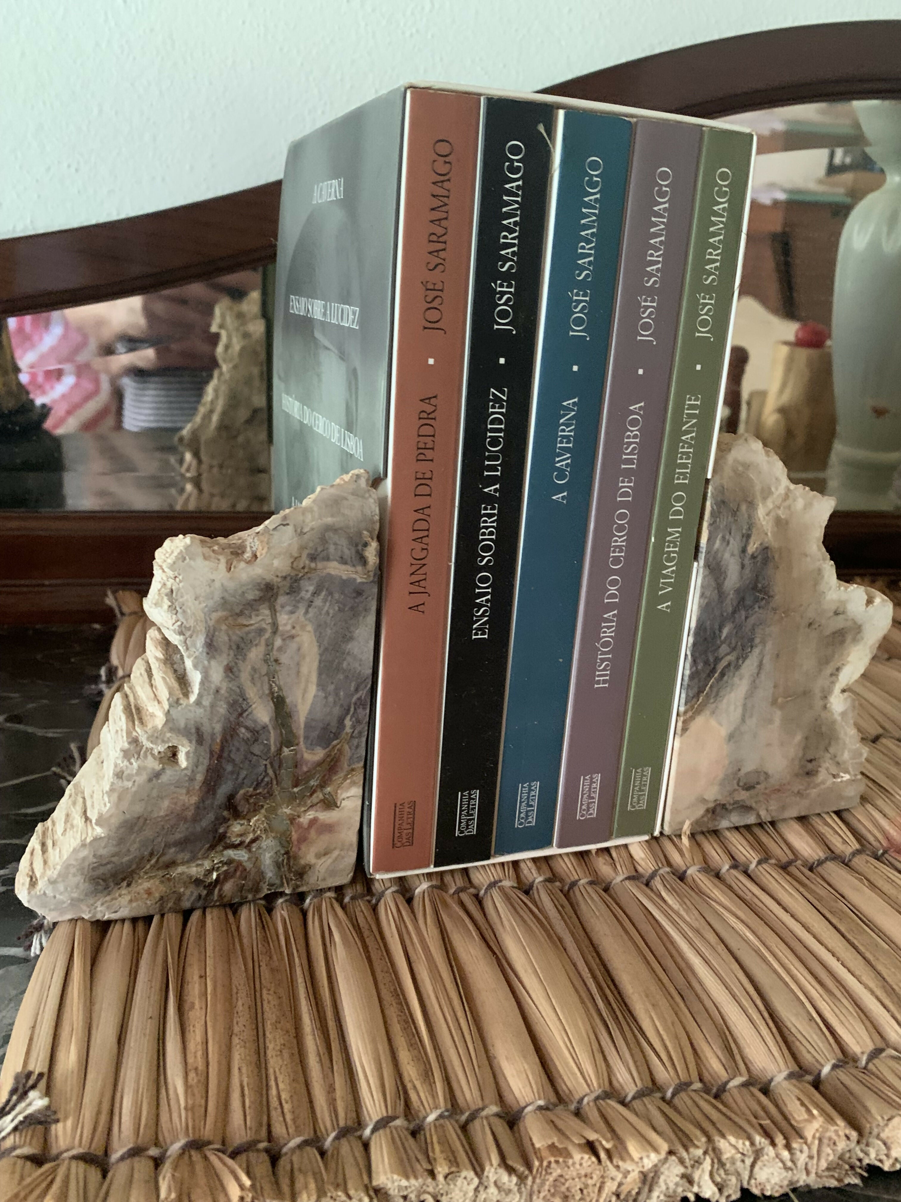Apoio para livros, aparador de livros em madeira petrificada
