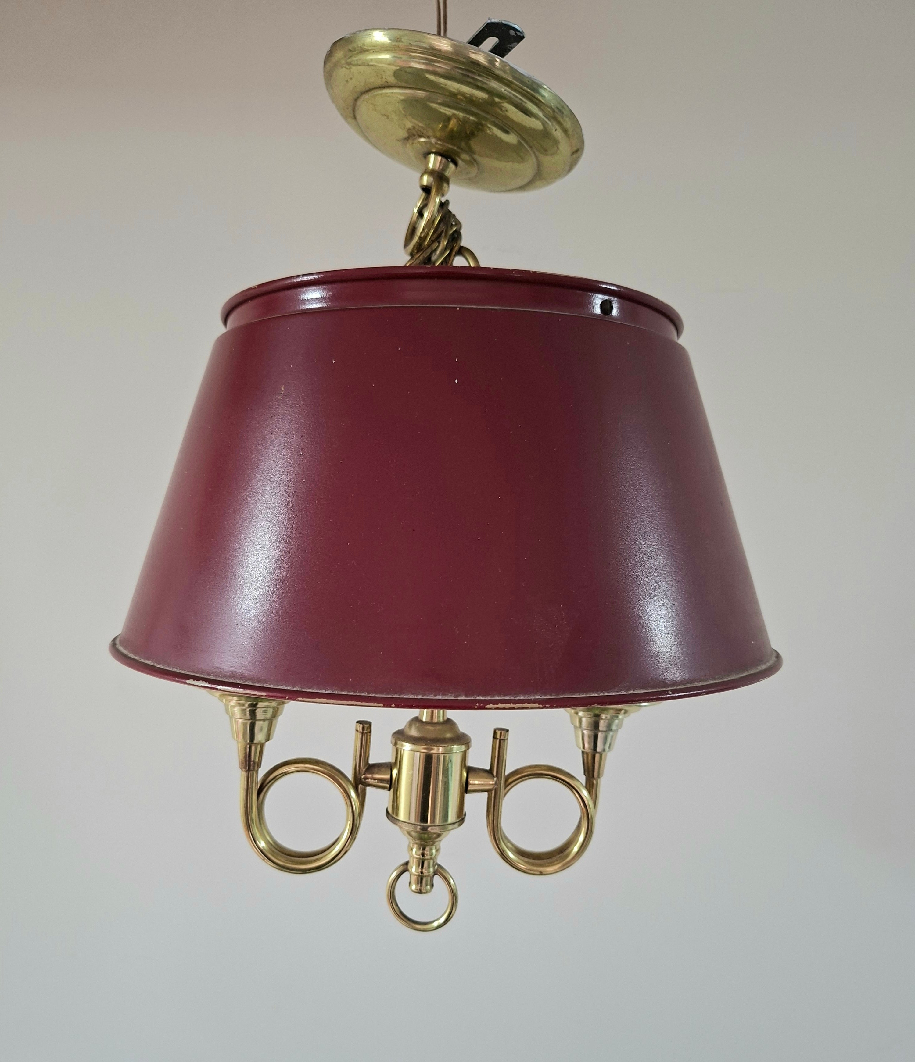 Lustre Luminária Pendente Antiga em Estilo Inglês em latão com cúpula Vermelho Vinho 