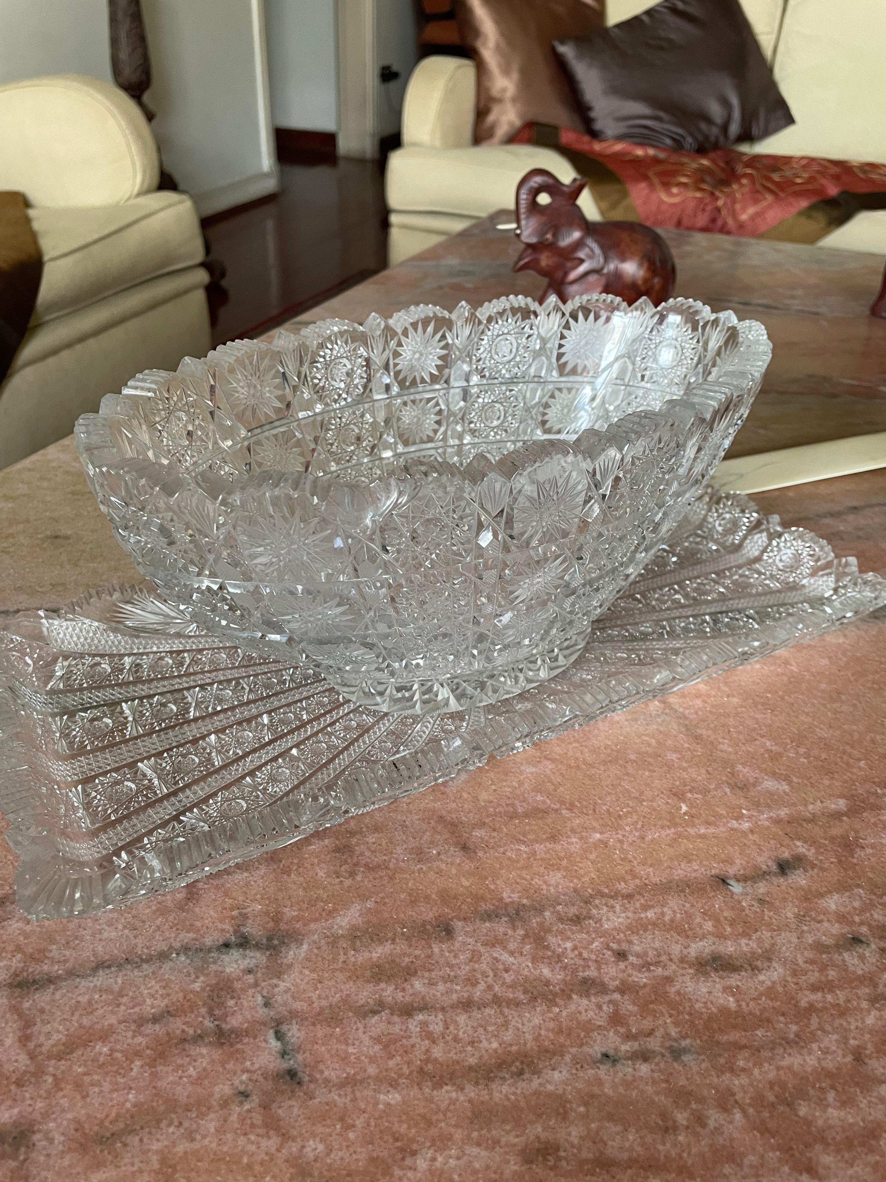 Fruteira oval e Bandeja retangular em cristal lapidado - Centro de mesa