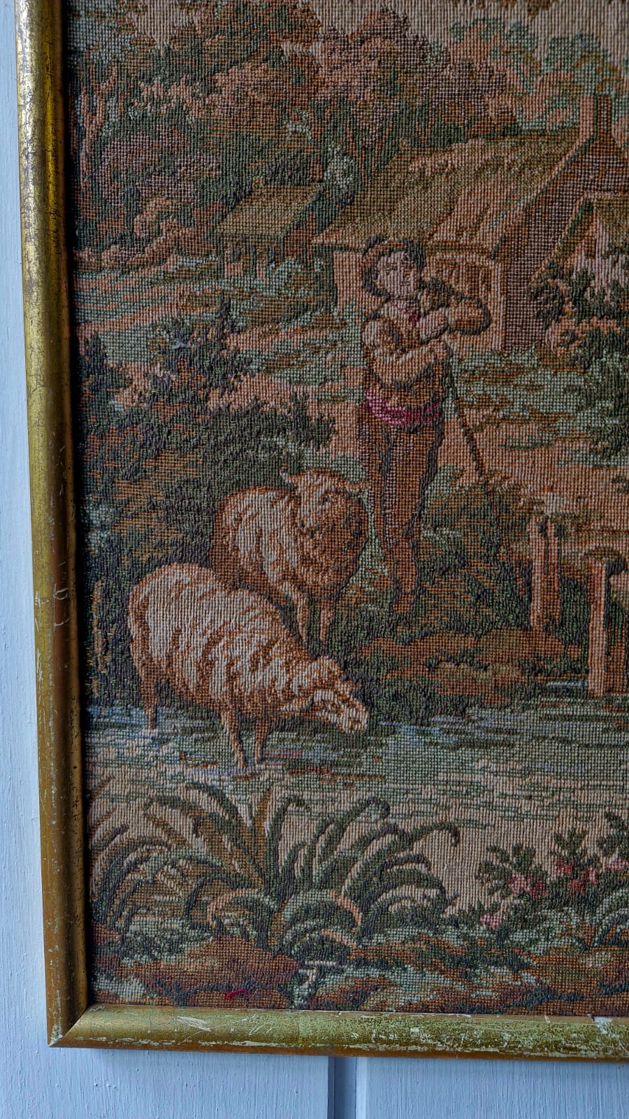 Belíssimo Quadro em Tapeçaria Francesa Gobelin com moldura dourada 