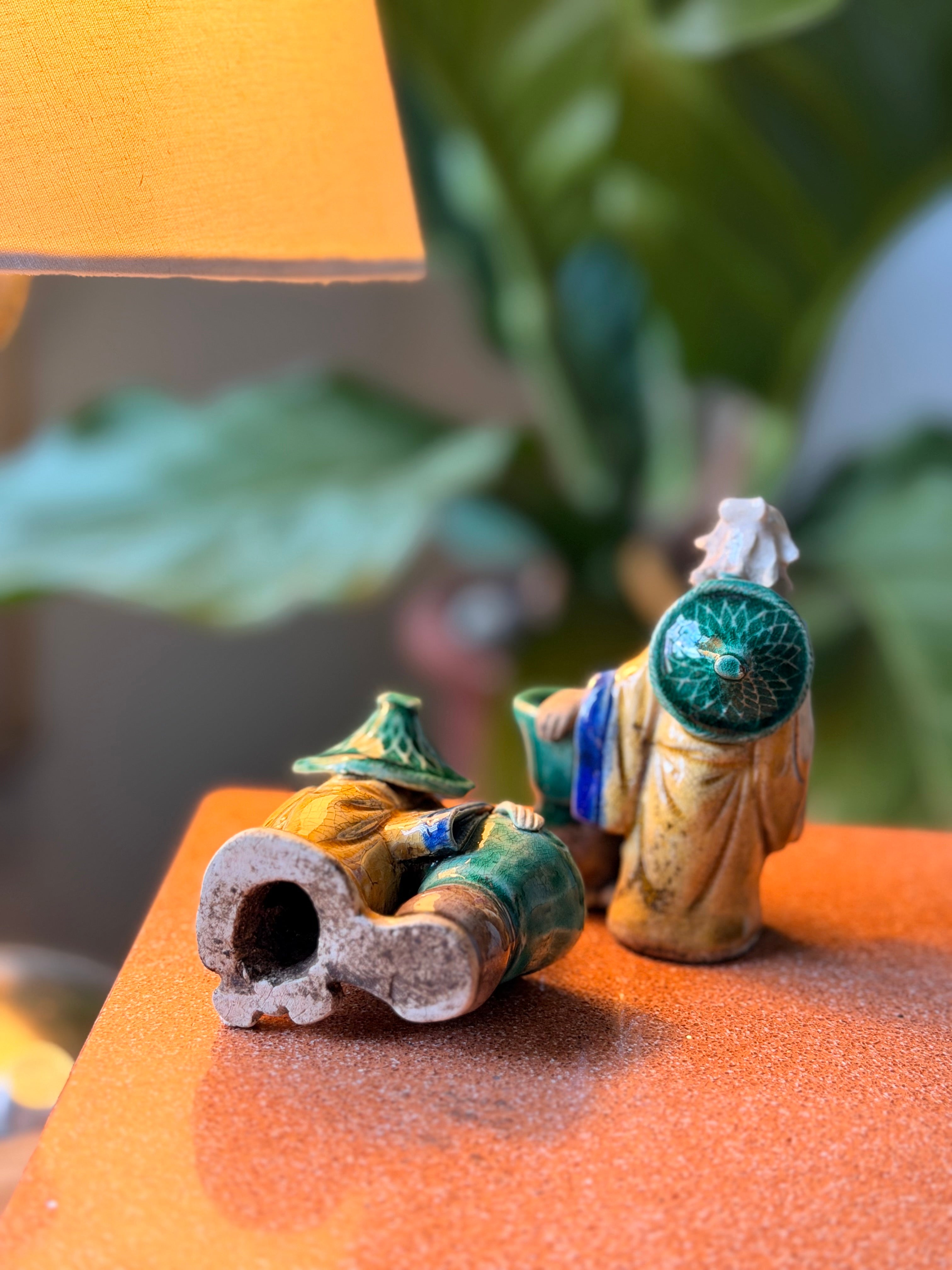 Par Estatuetas Pescador Mudman Chinês Vintage Cerâmica