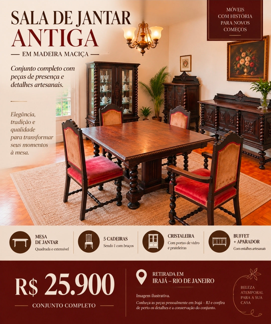Sala de Jantar Antiga em Madeira Maciça escura - Cristaleira, Buffet, Aparador, Mesa e Cadeiras 