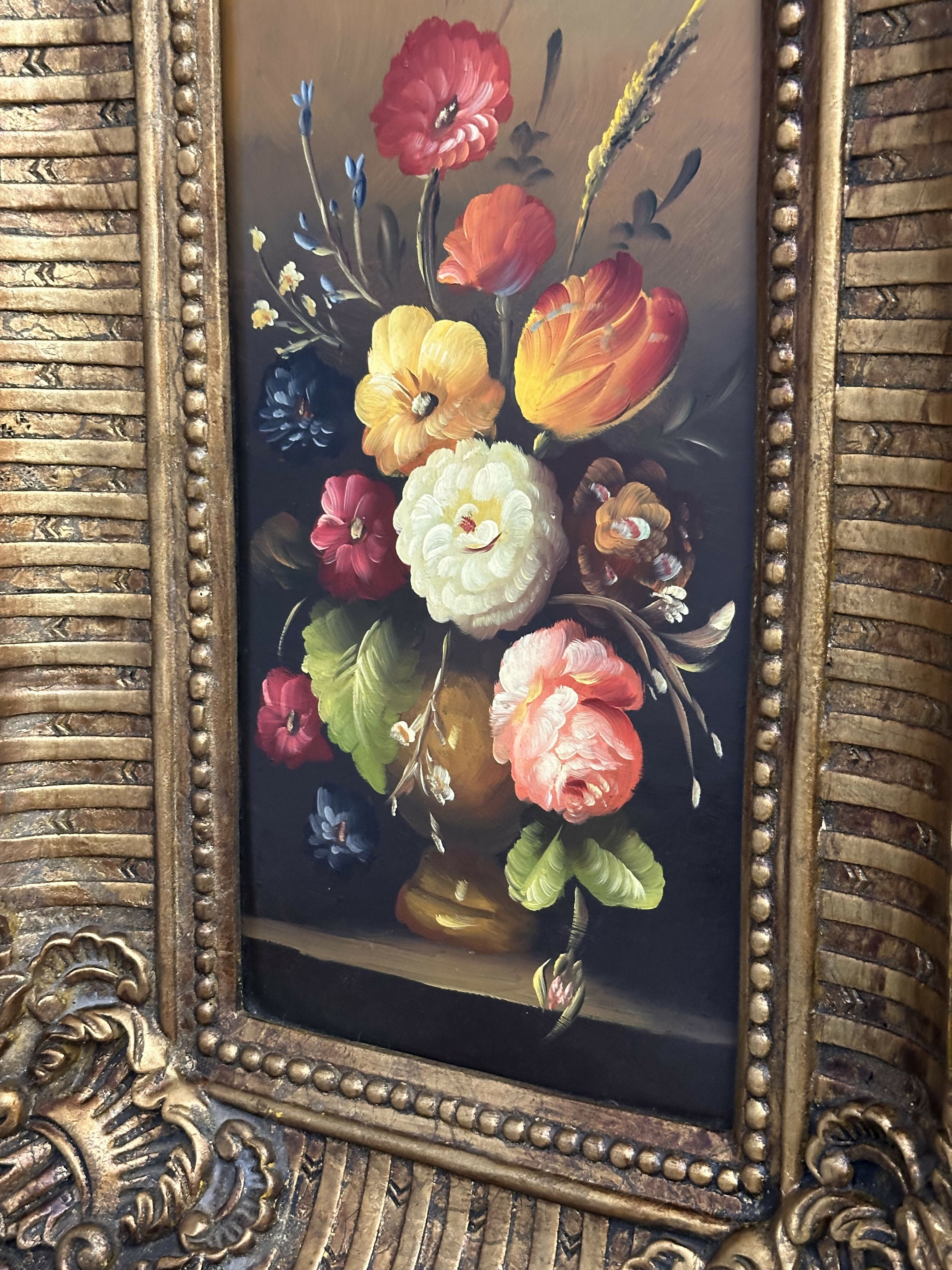 Exuberante quadro antigo ao estilo barroco clássico com pintura “natureza morta” em óleo sobre madeira