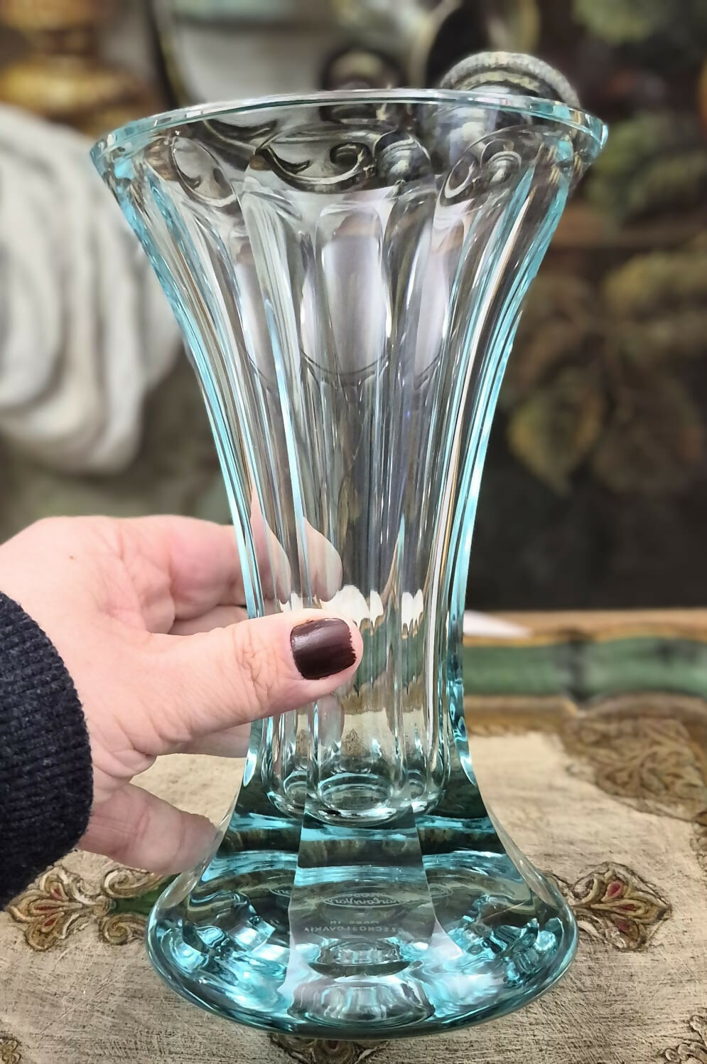 Vaso em bloco de cristal Moser em cor água marinha maravilhoso e impecável!