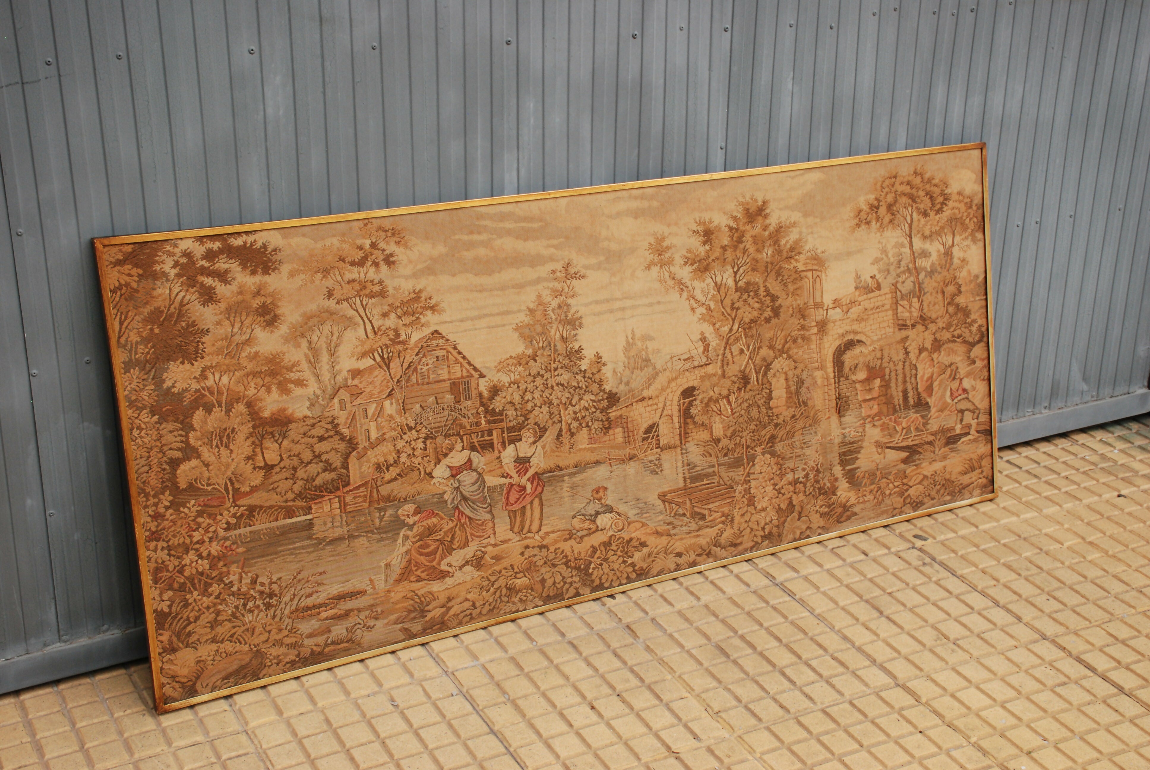 quadro italiano em tecido gobelen anos 60 - 70 - 1,60 X 0,67 com selo