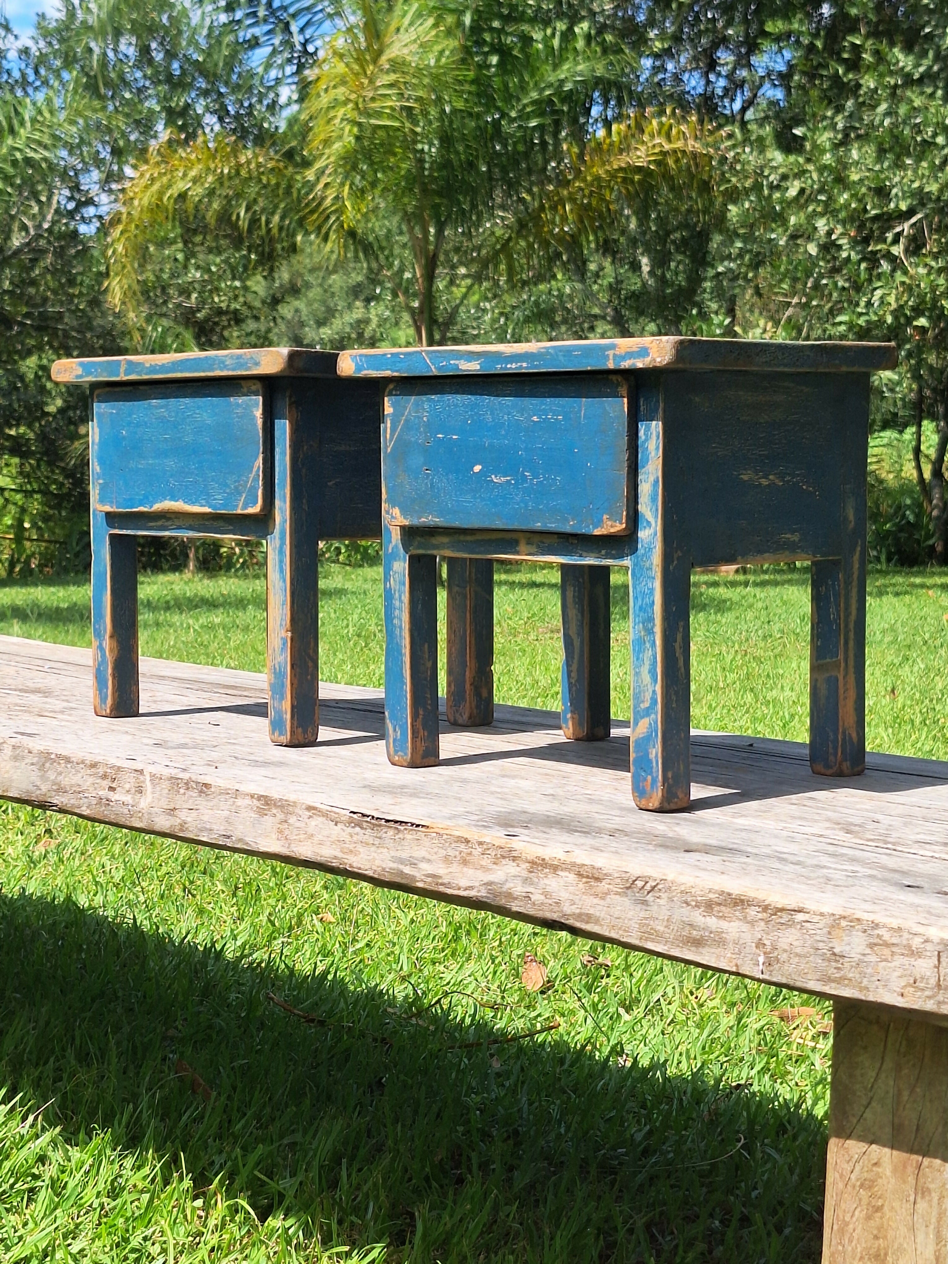 Mesinha/Banquinho Com Gaveta Madeira Maciça Azul Garimpo Mineiro (Valor Unitário)